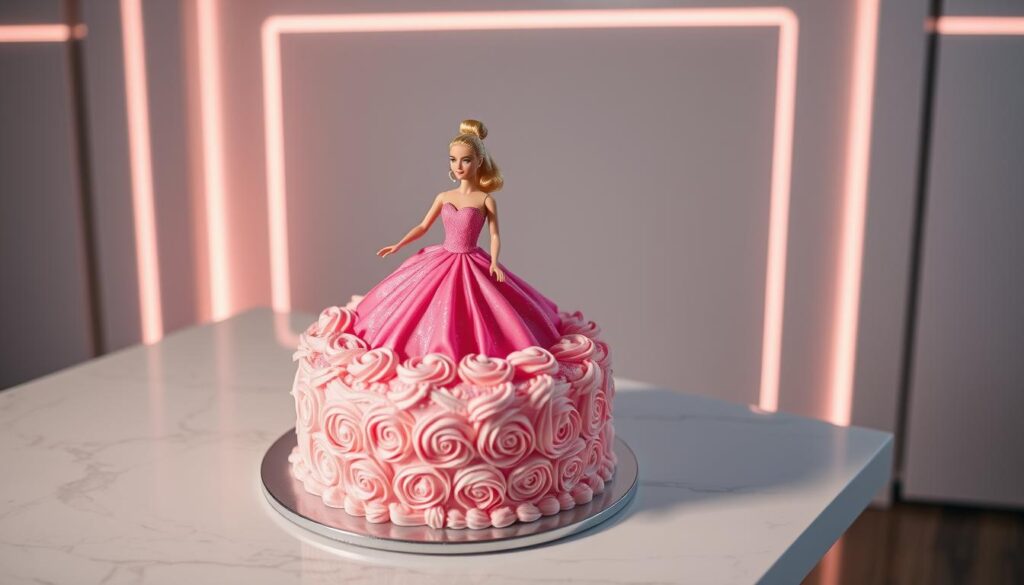 A beautifully lit Barbie cake display on a sleek, modern table with a white marble surface. The Barbie doll, dressed in a flowing pink gown, emerges gracefully from the center of the cake, surrounded by delicate buttercream frosting rosettes and shimmering edible glitter. Soft, directional lighting highlights the intricate cake details and the Barbie's elegant pose. The overall scene exudes a sense of sophistication and celebration, perfectly capturing the essence of "Presenting Your Finished Barbie Cake". A beautifully lit Barbie cake display on a sleek, modern table with a white marble surface. The Barbie doll, dressed in a flowing pink gown, emerges gracefully from the center of the cake, surrounded by delicate buttercream frosting rosettes and shimmering edible glitter. Soft, directional lighting highlights the intricate cake details and the Barbie's elegant pose. The overall scene exudes a sense of sophistication and celebration, perfectly capturing the essence of "Presenting Your Finished Barbie Cake".