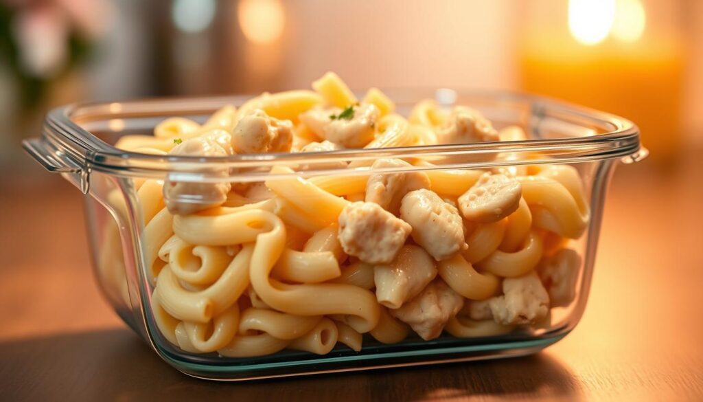 A beautifully lit close-up photograph of a glass storage container filled with creamy garlic parmesan chicken pasta. The pasta is neatly arranged, with tender chicken pieces and a glistening parmesan cheese sauce. The container has an airtight lid, highlighting the proper storage technique. The image has a warm, inviting tone, with soft lighting illuminating the delicious pasta. The background is blurred, keeping the focus on the storage container and its contents. The overall composition emphasizes the ease of storing and reheating this satisfying dish. A beautifully lit close-up photograph of a glass storage container filled with creamy garlic parmesan chicken pasta. The pasta is neatly arranged, with tender chicken pieces and a glistening parmesan cheese sauce. The container has an airtight lid, highlighting the proper storage technique. The image has a warm, inviting tone, with soft lighting illuminating the delicious pasta. The background is blurred, keeping the focus on the storage container and its contents. The overall composition emphasizes the ease of storing and reheating this satisfying dish.