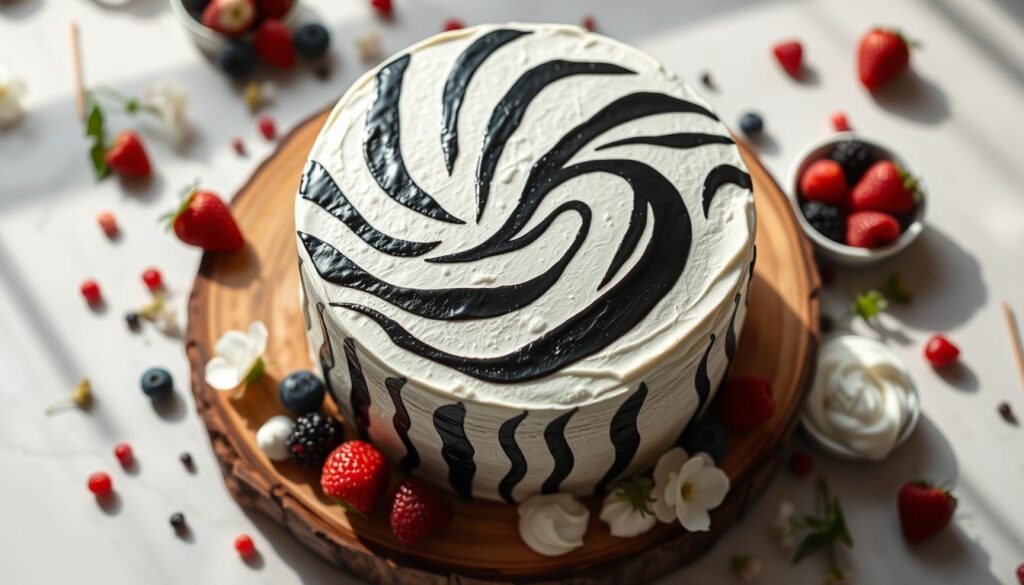 A beautifully lit, high-resolution overhead shot of a delectable homemade zebra cake, its distinct black and white stripes gleaming against a lightly textured fondant frosting. The cake sits atop a rustic wooden board, surrounded by scattered fresh berries, edible flowers, and a few dollops of lightly whipped cream. The scene is bathed in soft, natural lighting, casting gentle shadows and highlights that accentuate the cake's elegant presentation. The overall mood is inviting and visually appetizing, capturing the essence of serving suggestions for this classic striped dessert. A beautifully lit, high-resolution overhead shot of a delectable homemade zebra cake, its distinct black and white stripes gleaming against a lightly textured fondant frosting. The cake sits atop a rustic wooden board, surrounded by scattered fresh berries, edible flowers, and a few dollops of lightly whipped cream. The scene is bathed in soft, natural lighting, casting gentle shadows and highlights that accentuate the cake's elegant presentation. The overall mood is inviting and visually appetizing, capturing the essence of serving suggestions for this classic striped dessert.