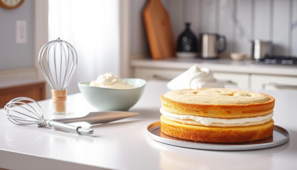 A beautifully lit kitchen counter, with a pristine white surface. In the foreground, a freshly baked sponge cake rests, its golden-brown layers glistening under soft, diffused lighting. Beside it, a set of baking tools - a whisk, a spatula, and a piping bag filled with creamy frosting. In the middle ground, a bowl of whipped cream stands ready, its fluffy texture beckoning to be spread between the cake layers. The background is softly blurred, hinting at the elegant decor of the kitchen, setting the stage for the delicate preparation of this classic Swedish princess cake. A beautifully lit kitchen counter, with a pristine white surface. In the foreground, a freshly baked sponge cake rests, its golden-brown layers glistening under soft, diffused lighting. Beside it, a set of baking tools - a whisk, a spatula, and a piping bag filled with creamy frosting. In the middle ground, a bowl of whipped cream stands ready, its fluffy texture beckoning to be spread between the cake layers. The background is softly blurred, hinting at the elegant decor of the kitchen, setting the stage for the delicate preparation of this classic Swedish princess cake.