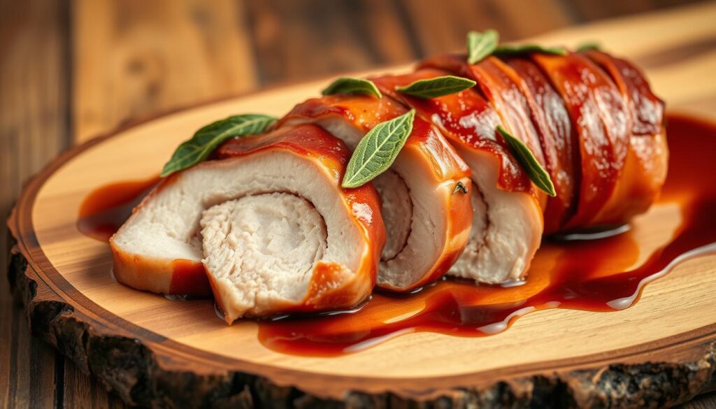 A beautifully plated Prosciutto-Wrapped Pork Tenderloin, fresh from the oven, rests on a rustic wooden board. Delicate slices of the tender, juicy pork are elegantly fanned out, each one crowned with a crispy, fragrant sage leaf. The prosciutto wrapping glistens, its salty-savory aroma mingling with the herbaceous notes. Drizzles of a rich, glossy reduction sauce zig-zag across the plate, providing a striking contrast. The lighting is warm and inviting, casting a soft glow on the dish. The composition is balanced and visually appealing, showcasing the dish's mouthwatering presentation. A beautifully plated Prosciutto-Wrapped Pork Tenderloin, fresh from the oven, rests on a rustic wooden board. Delicate slices of the tender, juicy pork are elegantly fanned out, each one crowned with a crispy, fragrant sage leaf. The prosciutto wrapping glistens, its salty-savory aroma mingling with the herbaceous notes. Drizzles of a rich, glossy reduction sauce zig-zag across the plate, providing a striking contrast. The lighting is warm and inviting, casting a soft glow on the dish. The composition is balanced and visually appealing, showcasing the dish's mouthwatering presentation.