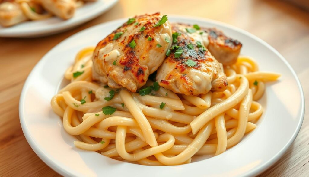 A beautifully plated dish of Garlic Parmesan Chicken Pasta. Perfectly al dente penne noodles coated in a rich, creamy parmesan sauce, garnished with tender, juicy chicken thighs and fresh chopped parsley. The pasta is arranged artfully on a white ceramic plate, with the chicken placed on top, creating a visually appealing and appetizing presentation. The lighting is soft and warm, highlighting the golden-brown crust on the chicken and the glistening sauce. The overall composition is balanced and inviting, showcasing the dish's mouthwatering flavors and textures. A beautifully plated dish of Garlic Parmesan Chicken Pasta. Perfectly al dente penne noodles coated in a rich, creamy parmesan sauce, garnished with tender, juicy chicken thighs and fresh chopped parsley. The pasta is arranged artfully on a white ceramic plate, with the chicken placed on top, creating a visually appealing and appetizing presentation. The lighting is soft and warm, highlighting the golden-brown crust on the chicken and the glistening sauce. The overall composition is balanced and inviting, showcasing the dish's mouthwatering flavors and textures.