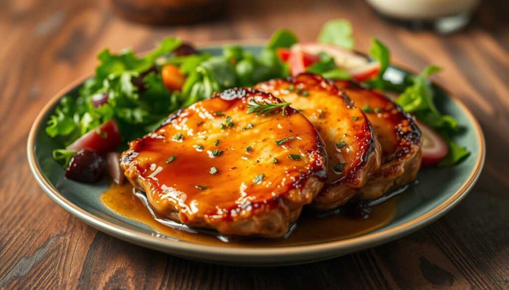 A beautifully plated serving of perfectly cooked honey garlic pork chops, garnished with fresh herbs and a vibrant side salad, resting on a rustic wooden table. Warm, ambient lighting casts a soft glow, highlighting the succulent, caramelized pork and the glistening, flavorful sauce. The composition is balanced, with the pork chops as the focal point, complemented by the fresh greens and contrasting textures. The overall mood is inviting, homey, and appetizing, conveying the delicious, family-friendly nature of this dish. A beautifully plated serving of perfectly cooked honey garlic pork chops, garnished with fresh herbs and a vibrant side salad, resting on a rustic wooden table. Warm, ambient lighting casts a soft glow, highlighting the succulent, caramelized pork and the glistening, flavorful sauce. The composition is balanced, with the pork chops as the focal point, complemented by the fresh greens and contrasting textures. The overall mood is inviting, homey, and appetizing, conveying the delicious, family-friendly nature of this dish.