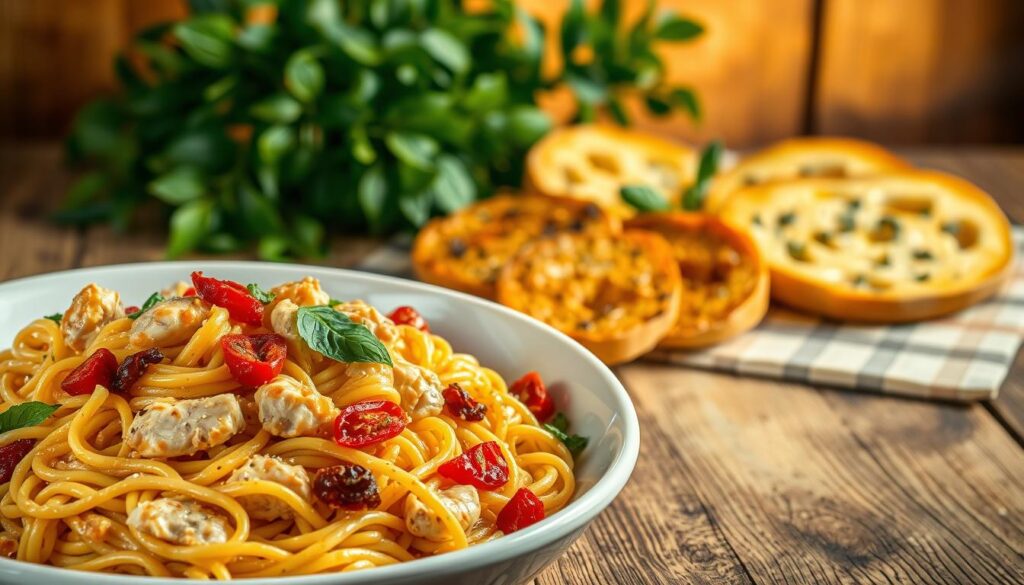 A beautifully presented Marry Me Chicken Pasta dish, served on a rustic wooden table. In the foreground, a large white ceramic bowl overflows with the creamy, golden pasta, dotted with tender chicken, sun-dried tomatoes, and fresh basil leaves. The middle ground features a scattered arrangement of crusty, golden-brown garlic bread, drizzled with olive oil and herbs. In the background, a lush green leafy plant adds a touch of natural elegance. The scene is illuminated by warm, directional lighting, casting soft shadows and highlights that accentuate the textures and colors of the ingredients. The overall mood is one of indulgence and culinary artistry, inviting the viewer to savor every bite of this irresistible Marry Me Chicken Pasta dish. A beautifully presented Marry Me Chicken Pasta dish, served on a rustic wooden table. In the foreground, a large white ceramic bowl overflows with the creamy, golden pasta, dotted with tender chicken, sun-dried tomatoes, and fresh basil leaves. The middle ground features a scattered arrangement of crusty, golden-brown garlic bread, drizzled with olive oil and herbs. In the background, a lush green leafy plant adds a touch of natural elegance. The scene is illuminated by warm, directional lighting, casting soft shadows and highlights that accentuate the textures and colors of the ingredients. The overall mood is one of indulgence and culinary artistry, inviting the viewer to savor every bite of this irresistible Marry Me Chicken Pasta dish.