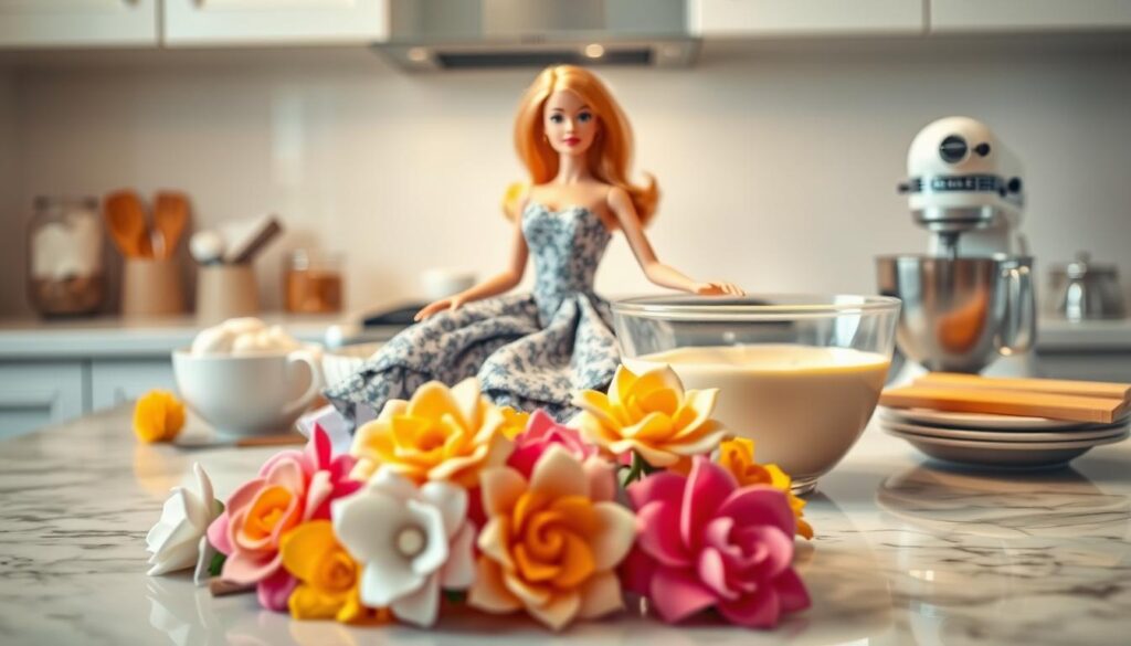 A beautifully styled Barbie doll resting gracefully on a pristine marble countertop, surrounded by an array of baking ingredients and tools. Warm, indirect lighting casts a soft, flattering glow, highlighting the doll's delicate features and intricate dress. The foreground showcases a selection of vibrant, freshly piped buttercream flowers, hinting at the decorative possibilities to come. In the middle ground, a mixing bowl filled with a smooth, creamy cake batter stands ready for pouring. The background subtly fades into a clean, minimalist kitchen setting, allowing the Barbie doll and baking preparations to take center stage. A beautifully styled Barbie doll resting gracefully on a pristine marble countertop, surrounded by an array of baking ingredients and tools. Warm, indirect lighting casts a soft, flattering glow, highlighting the doll's delicate features and intricate dress. The foreground showcases a selection of vibrant, freshly piped buttercream flowers, hinting at the decorative possibilities to come. In the middle ground, a mixing bowl filled with a smooth, creamy cake batter stands ready for pouring. The background subtly fades into a clean, minimalist kitchen setting, allowing the Barbie doll and baking preparations to take center stage.