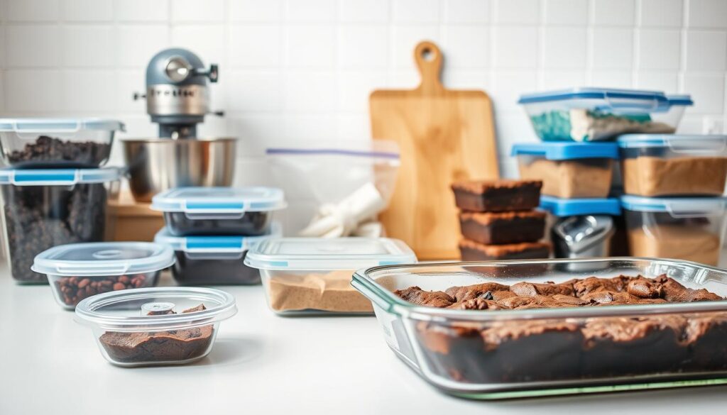 A bright, well-lit kitchen counter filled with various storage containers. In the foreground, a glass dish showcases freshly baked protein brownies, their rich, fudgy texture evident. Surrounding the dish, several airtight plastic containers and resealable bags of varying sizes, suggesting different storage methods. The middle ground features a stainless steel mixer and a cutting board, hinting at the baking process. In the background, a minimalist white wall provides a clean, uncluttered backdrop, allowing the storage solutions to take center stage. The overall scene conveys a sense of organization, practicality, and a healthy, nutritious approach to enjoying the protein-packed treats. A bright, well-lit kitchen counter filled with various storage containers. In the foreground, a glass dish showcases freshly baked protein brownies, their rich, fudgy texture evident. Surrounding the dish, several airtight plastic containers and resealable bags of varying sizes, suggesting different storage methods. The middle ground features a stainless steel mixer and a cutting board, hinting at the baking process. In the background, a minimalist white wall provides a clean, uncluttered backdrop, allowing the storage solutions to take center stage. The overall scene conveys a sense of organization, practicality, and a healthy, nutritious approach to enjoying the protein-packed treats.