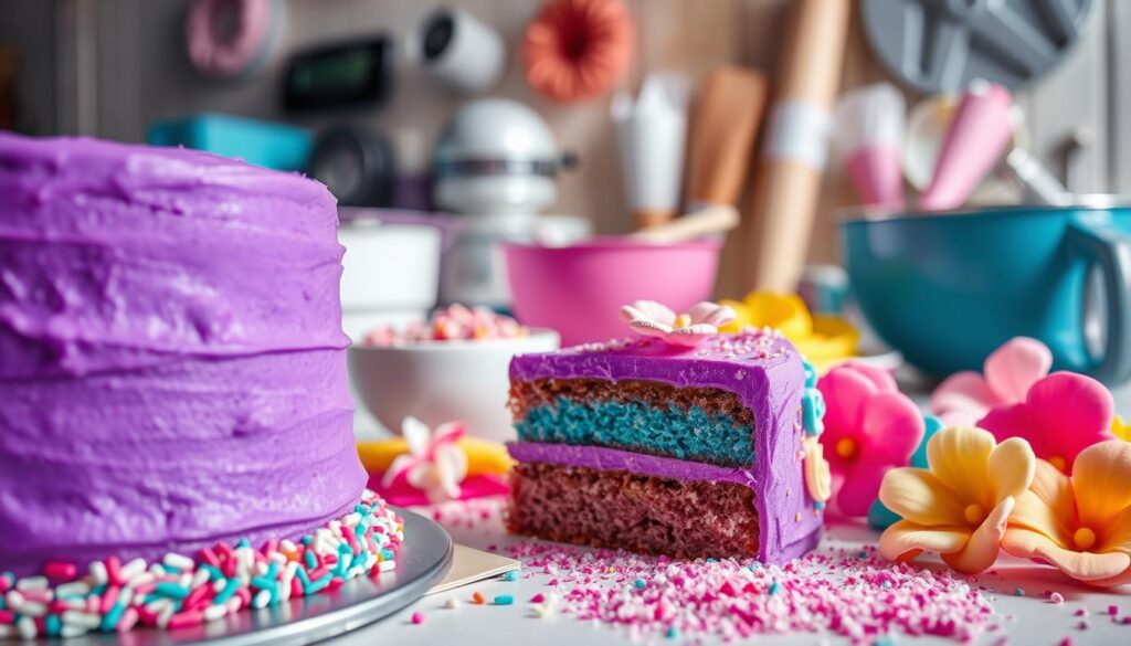 A brightly lit, close-up view of an assortment of vibrant cake decorating techniques. In the foreground, a slice of a moist, multi-layered cake with a smooth, glossy buttercream frosting in a rich, jewel-toned purple. In the middle ground, a variety of decorative elements like sprinkles, sanding sugar, and fondant flowers in a spectrum of saturated hues - pink, turquoise, lemon yellow. In the background, an array of mixing bowls, piping bags, and other baking tools, illuminated by soft, diffused lighting, creating an inviting, creative atmosphere. The overall scene conveys a sense of joy, creativity, and the endless possibilities of crafting visually stunning cakes. A brightly lit, close-up view of an assortment of vibrant cake decorating techniques. In the foreground, a slice of a moist, multi-layered cake with a smooth, glossy buttercream frosting in a rich, jewel-toned purple. In the middle ground, a variety of decorative elements like sprinkles, sanding sugar, and fondant flowers in a spectrum of saturated hues - pink, turquoise, lemon yellow. In the background, an array of mixing bowls, piping bags, and other baking tools, illuminated by soft, diffused lighting, creating an inviting, creative atmosphere. The overall scene conveys a sense of joy, creativity, and the endless possibilities of crafting visually stunning cakes.