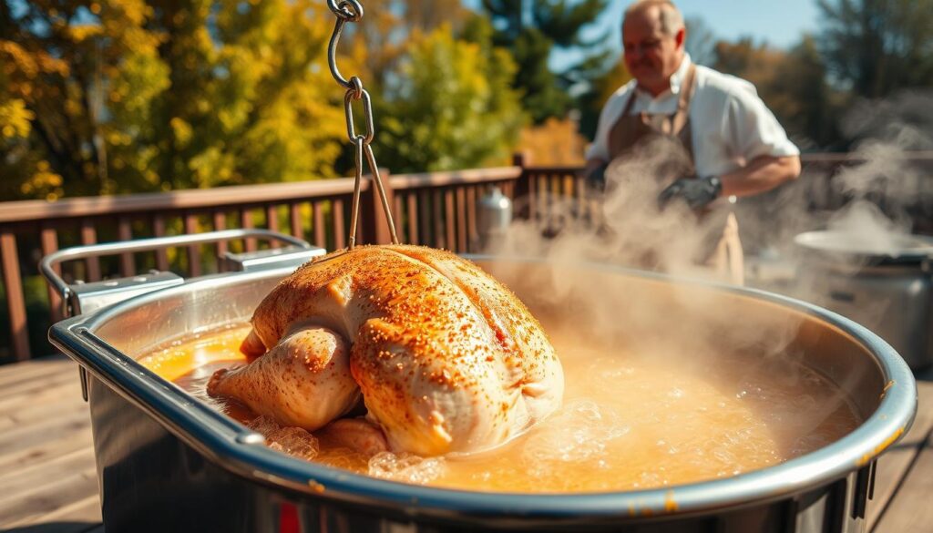 A classic deep fried turkey cooking scene set outdoors on a sunny autumn day. In the foreground, a large stainless steel fryer pot filled with bubbling golden oil, steam rising. Next to it, the raw turkey, glistening with a dry brine rub, ready to be carefully lowered into the hot oil using a sturdy metal hook. In the middle ground, the cook, wearing an apron, cautiously monitoring the fry process, ensuring even cooking. Behind them, a rustic wooden deck or patio, with a backdrop of lush green foliage and a clear blue sky. Warm, ambient lighting casts a soft glow, heightening the appetizing sizzle and aroma of the crispy skin forming on the submerged turkey. A classic deep fried turkey cooking scene set outdoors on a sunny autumn day. In the foreground, a large stainless steel fryer pot filled with bubbling golden oil, steam rising. Next to it, the raw turkey, glistening with a dry brine rub, ready to be carefully lowered into the hot oil using a sturdy metal hook. In the middle ground, the cook, wearing an apron, cautiously monitoring the fry process, ensuring even cooking. Behind them, a rustic wooden deck or patio, with a backdrop of lush green foliage and a clear blue sky. Warm, ambient lighting casts a soft glow, heightening the appetizing sizzle and aroma of the crispy skin forming on the submerged turkey.