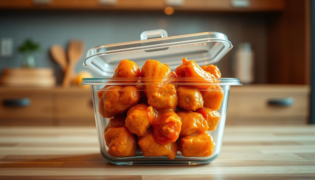 A clear glass container sits on a wooden kitchen counter, filled with delectable orange chicken leftovers. The succulent pieces of chicken are arranged neatly, glistening with a vibrant orange glaze. The container's lid rests slightly ajar, hinting at the delicious flavors waiting to be savored. Warm lighting from overhead casts a soft, inviting glow, highlighting the rich colors of the dish. In the background, a simple, minimalist kitchen setting adds a touch of understated elegance. The scene conveys a sense of culinary satisfaction and the promise of an effortless mealtime experience. A clear glass container sits on a wooden kitchen counter, filled with delectable orange chicken leftovers. The succulent pieces of chicken are arranged neatly, glistening with a vibrant orange glaze. The container's lid rests slightly ajar, hinting at the delicious flavors waiting to be savored. Warm lighting from overhead casts a soft, inviting glow, highlighting the rich colors of the dish. In the background, a simple, minimalist kitchen setting adds a touch of understated elegance. The scene conveys a sense of culinary satisfaction and the promise of an effortless mealtime experience.