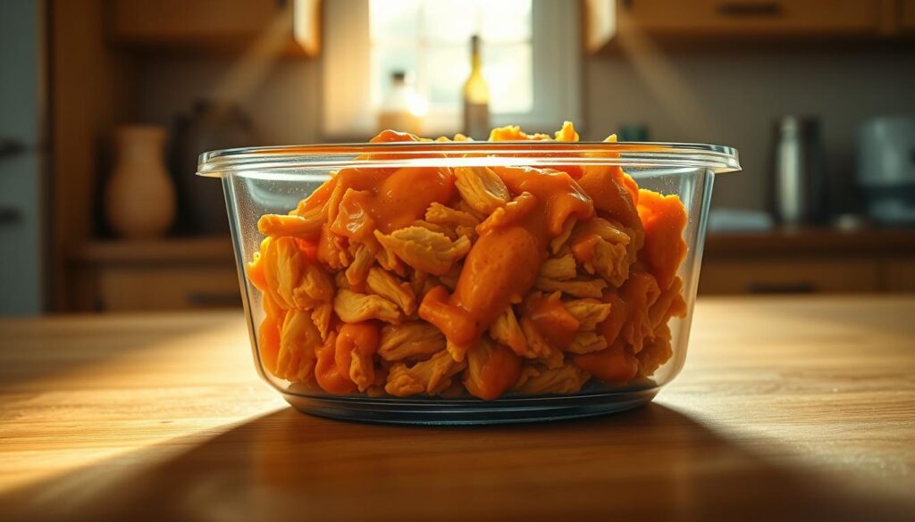 A clear glass food storage container filled with tender, juicy buffalo chicken leftovers on a wooden kitchen counter. The chicken is shredded and coated in a thick, vibrant orange buffalo sauce. Beams of warm, golden light stream in through a nearby window, casting a soft glow on the container. The counter is clutter-free, with a simple, minimalist design that allows the food to be the focal point. The overall scene conveys a sense of delicious, home-cooked comfort that makes you eager to enjoy the leftovers. A clear glass food storage container filled with tender, juicy buffalo chicken leftovers on a wooden kitchen counter. The chicken is shredded and coated in a thick, vibrant orange buffalo sauce. Beams of warm, golden light stream in through a nearby window, casting a soft glow on the container. The counter is clutter-free, with a simple, minimalist design that allows the food to be the focal point. The overall scene conveys a sense of delicious, home-cooked comfort that makes you eager to enjoy the leftovers.