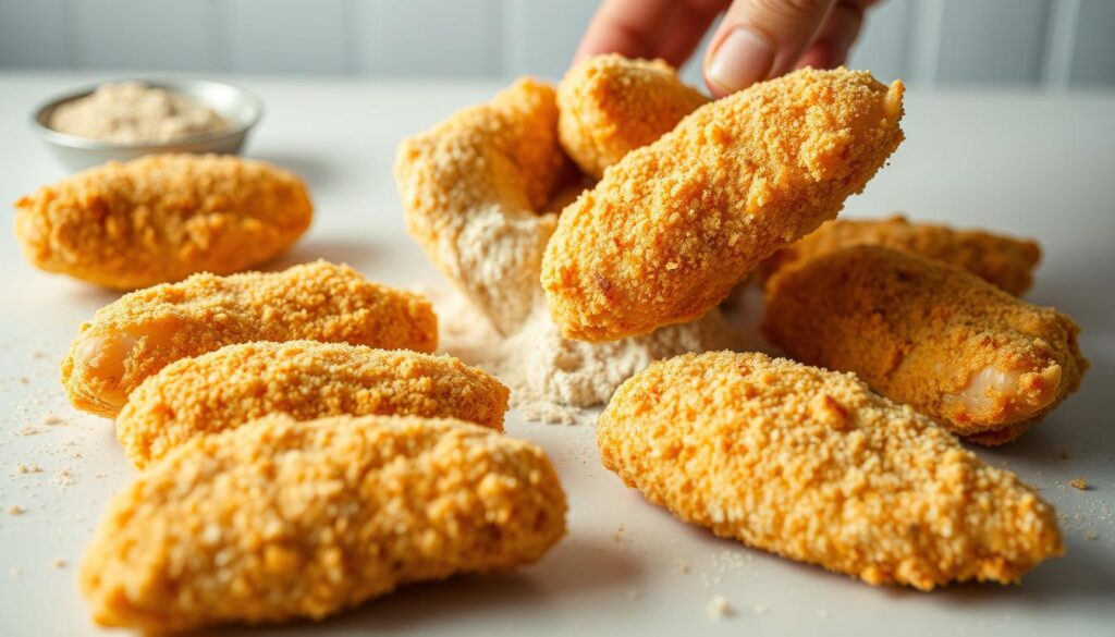 A close-up, detailed shot of freshly breaded chicken tenders. The tenders are arranged in the foreground, with the crisp, golden-brown breading visible under warm, flattering studio lighting. The middle ground shows the breading process, with a hand dredging the chicken pieces through a mixture of seasoned flour, breadcrumbs, and spices. The background is a clean, minimalist kitchen surface, allowing the focus to remain on the breading technique. Captured with a high-resolution camera lens, the image conveys the appetizing texture and mouthwatering appeal of perfectly fried chicken tenders. A close-up, detailed shot of freshly breaded chicken tenders. The tenders are arranged in the foreground, with the crisp, golden-brown breading visible under warm, flattering studio lighting. The middle ground shows the breading process, with a hand dredging the chicken pieces through a mixture of seasoned flour, breadcrumbs, and spices. The background is a clean, minimalist kitchen surface, allowing the focus to remain on the breading technique. Captured with a high-resolution camera lens, the image conveys the appetizing texture and mouthwatering appeal of perfectly fried chicken tenders.