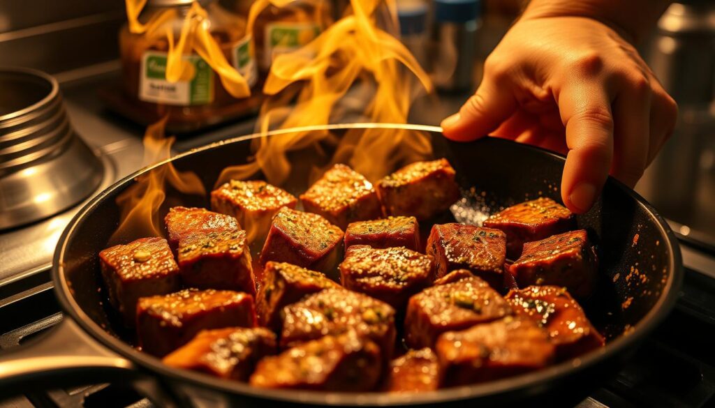 A close-up shot of a chef's hands skillfully searing juicy steak bites in a hot cast-iron skillet, with a golden sizzle and plumes of fragrant smoke. The steak pieces are coated in a robust garlic-herb seasoning, creating a mouthwatering caramelized crust. Warm lighting from the stovetop casts a cozy glow, highlighting the tender, pink interior of the meat. The frame is tightly composed, putting the steak preparation technique in the foreground, with blurred kitchen elements in the background. The overall mood is one of culinary mastery and appetite-inducing deliciousness. A close-up shot of a chef's hands skillfully searing juicy steak bites in a hot cast-iron skillet, with a golden sizzle and plumes of fragrant smoke. The steak pieces are coated in a robust garlic-herb seasoning, creating a mouthwatering caramelized crust. Warm lighting from the stovetop casts a cozy glow, highlighting the tender, pink interior of the meat. The frame is tightly composed, putting the steak preparation technique in the foreground, with blurred kitchen elements in the background. The overall mood is one of culinary mastery and appetite-inducing deliciousness.