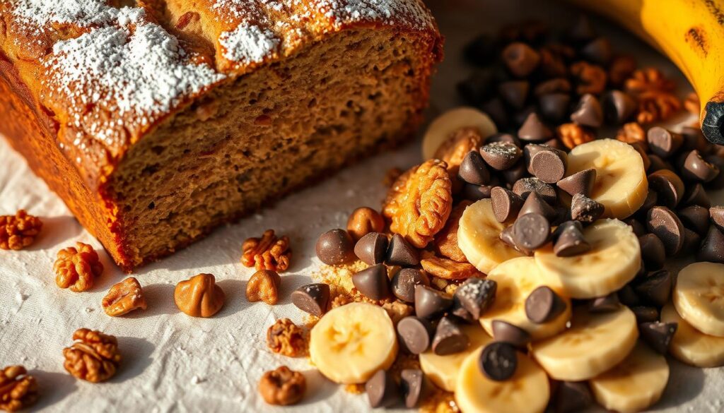 A close-up shot of a freshly baked banana bread loaf, its golden crust lightly dusted with powdered sugar. Alongside it, an assortment of toppings and mix-ins artfully arranged: toasted walnuts, chocolate chips, swirls of peanut butter, and a scattering of fresh banana slices. The composition is framed against a soft, diffused background, highlighting the textural details and vibrant colors of the customization ingredients. Warm, natural lighting casts gentle shadows, creating a cozy, inviting atmosphere that evokes the comforting aroma of homemade banana bread. A close-up shot of a freshly baked banana bread loaf, its golden crust lightly dusted with powdered sugar. Alongside it, an assortment of toppings and mix-ins artfully arranged: toasted walnuts, chocolate chips, swirls of peanut butter, and a scattering of fresh banana slices. The composition is framed against a soft, diffused background, highlighting the textural details and vibrant colors of the customization ingredients. Warm, natural lighting casts gentle shadows, creating a cozy, inviting atmosphere that evokes the comforting aroma of homemade banana bread.