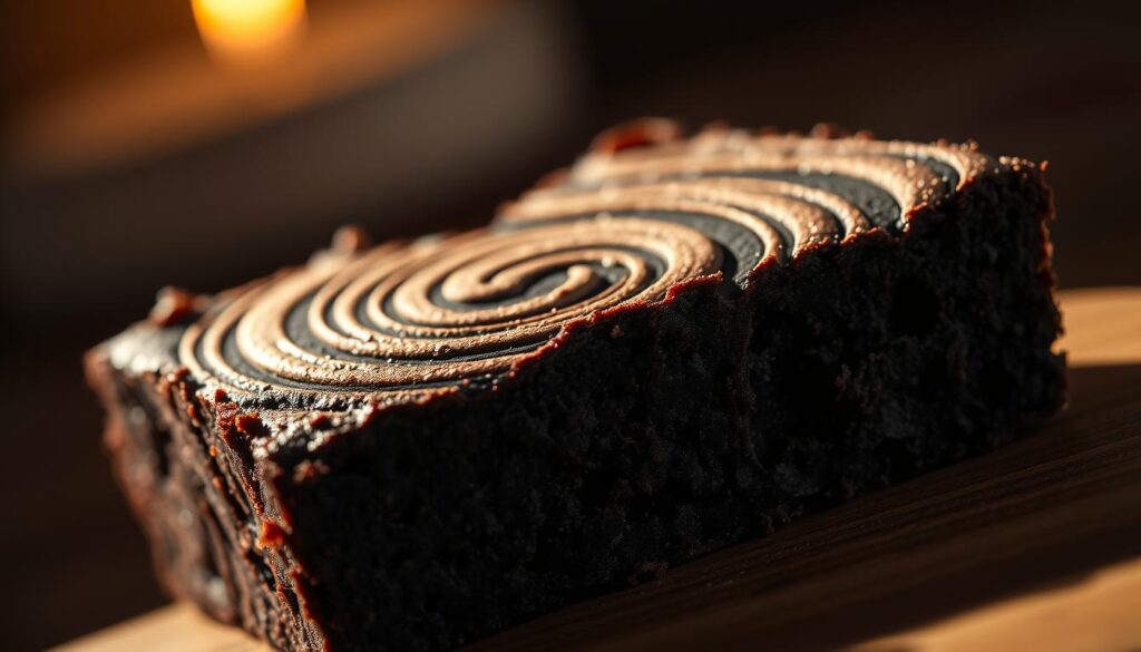 A close-up shot of a perfectly textured cosmic brownie, with a rich, fudgy interior and a mesmerizing swirling pattern on the surface. The brownie is illuminated from the side, casting dramatic shadows that accentuate the intricate details. The lighting is warm and slightly moody, creating a cozy, inviting atmosphere. The lens is set to a shallow depth of field, keeping the brownie's surface in sharp focus while the background gently blurs. The image captures the alluring, almost otherworldly quality of the cosmic brownie's unique texture, enticing the viewer to reach out and experience its tantalizing tactile qualities. A close-up shot of a perfectly textured cosmic brownie, with a rich, fudgy interior and a mesmerizing swirling pattern on the surface. The brownie is illuminated from the side, casting dramatic shadows that accentuate the intricate details. The lighting is warm and slightly moody, creating a cozy, inviting atmosphere. The lens is set to a shallow depth of field, keeping the brownie's surface in sharp focus while the background gently blurs. The image captures the alluring, almost otherworldly quality of the cosmic brownie's unique texture, enticing the viewer to reach out and experience its tantalizing tactile qualities.