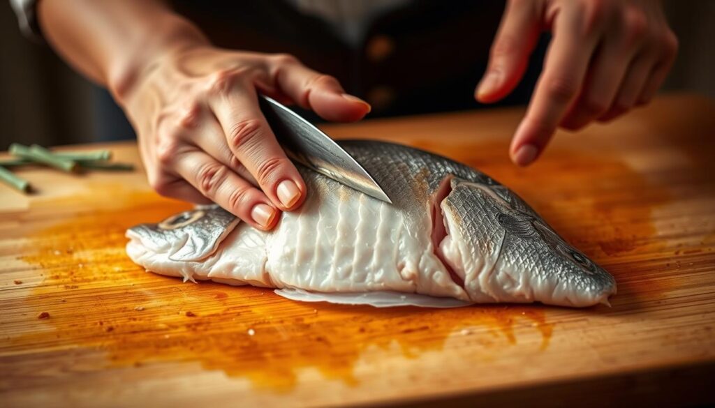 A close-up shot of a person's hands meticulously preparing a fresh tilapia fish for cooking. The fish is placed on a clean, wooden cutting board, its silvery scales glistening under warm, directional lighting. With a sharp fillet knife, the person carefully removes the skin, scales, and fins, revealing the tender, pink flesh. The foreground is in sharp focus, while the background is softly blurred, creating a sense of depth and emphasis on the preparation process. The image conveys a sense of care, precision, and the calm focus required to prepare a delicious, healthy seafood meal. A close-up shot of a person's hands meticulously preparing a fresh tilapia fish for cooking. The fish is placed on a clean, wooden cutting board, its silvery scales glistening under warm, directional lighting. With a sharp fillet knife, the person carefully removes the skin, scales, and fins, revealing the tender, pink flesh. The foreground is in sharp focus, while the background is softly blurred, creating a sense of depth and emphasis on the preparation process. The image conveys a sense of care, precision, and the calm focus required to prepare a delicious, healthy seafood meal.