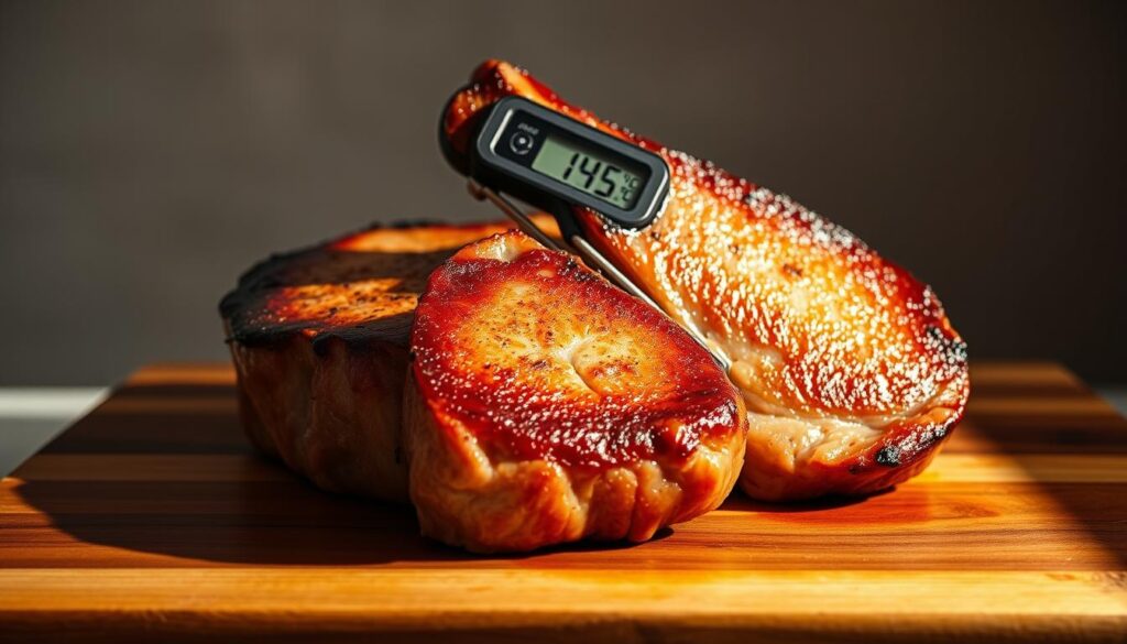 A close-up shot of two perfectly seared pork chops resting on a wooden cutting board, with a digital meat thermometer inserted into the thicker chop, displaying the ideal internal temperature of 145°F. The chops are glistening with a golden-brown crust, indicating an evenly cooked, juicy interior. Warm, directional lighting from the side casts shadows, highlighting the delicate texture of the meat. The scene is presented against a neutral, muted background, allowing the pork chops to be the primary focus, conveying a sense of culinary expertise and the mastery of achieving the perfect doneness. A close-up shot of two perfectly seared pork chops resting on a wooden cutting board, with a digital meat thermometer inserted into the thicker chop, displaying the ideal internal temperature of 145°F. The chops are glistening with a golden-brown crust, indicating an evenly cooked, juicy interior. Warm, directional lighting from the side casts shadows, highlighting the delicate texture of the meat. The scene is presented against a neutral, muted background, allowing the pork chops to be the primary focus, conveying a sense of culinary expertise and the mastery of achieving the perfect doneness.