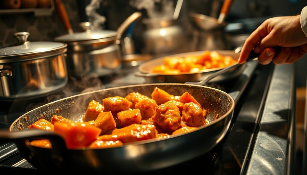 A close-up view of a chef's hands carefully preparing an orange chicken dish. The cooking surface is made of gleaming stainless steel, with a sizzling pan in the foreground. The chicken pieces are coated in a vibrant orange glaze, simmering and caramelizing under high heat. In the background, a steaming pot and various cooking utensils hint at the different techniques used to achieve the perfect orange chicken. The lighting is warm and dramatic, casting shadows that accentuate the textures and details of the dish. The overall mood is one of culinary mastery and mouthwatering anticipation. A close-up view of a chef's hands carefully preparing an orange chicken dish. The cooking surface is made of gleaming stainless steel, with a sizzling pan in the foreground. The chicken pieces are coated in a vibrant orange glaze, simmering and caramelizing under high heat. In the background, a steaming pot and various cooking utensils hint at the different techniques used to achieve the perfect orange chicken. The lighting is warm and dramatic, casting shadows that accentuate the textures and details of the dish. The overall mood is one of culinary mastery and mouthwatering anticipation.
