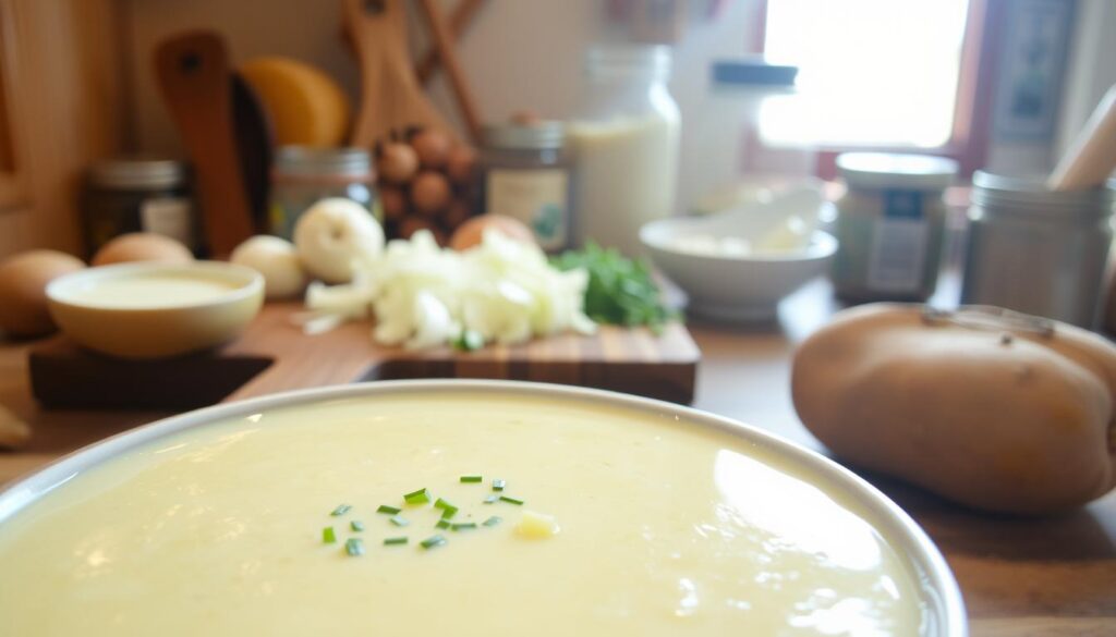 A creamy and hearty 4-ingredient potato soup, simmered to perfection in a warm, softly-lit kitchen. In the foreground, a generous bowl of the velvety, pale-yellow soup, garnished with a sprinkling of freshly chopped chives. In the middle, a cutting board displaying the key ingredients - potatoes, onions, broth, and cream - arranged neatly. The background features a cozy, rustic setting with wooden shelves and jars, hinting at the comforting, homemade nature of the dish. The lighting is soft and diffused, casting a gentle glow over the scene, emphasizing the soup's inviting and nutritious appeal. A creamy and hearty 4-ingredient potato soup, simmered to perfection in a warm, softly-lit kitchen. In the foreground, a generous bowl of the velvety, pale-yellow soup, garnished with a sprinkling of freshly chopped chives. In the middle, a cutting board displaying the key ingredients - potatoes, onions, broth, and cream - arranged neatly. The background features a cozy, rustic setting with wooden shelves and jars, hinting at the comforting, homemade nature of the dish. The lighting is soft and diffused, casting a gentle glow over the scene, emphasizing the soup's inviting and nutritious appeal.