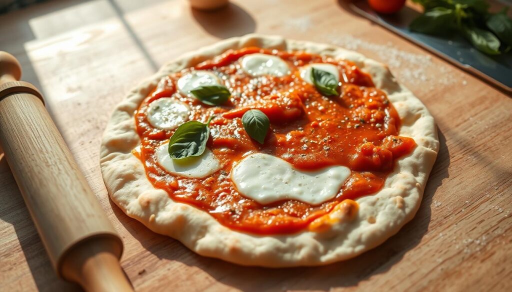 A crisp, golden-brown lavash flatbread with a generous spread of tomato sauce, melted mozzarella, and a sprinkle of fresh basil leaves. The pizza is being carefully assembled on a wooden surface, with a rolling pin and kitchen tools visible in the foreground. Bright, natural lighting filters in, casting a warm glow on the scene. The camera angle is slightly elevated, capturing the preparation process in a clean, minimalist composition. The overall mood is one of simple, homemade culinary delight, inviting the viewer to imagine the satisfying crunch and savory flavors of this delicious lavash pizza. A crisp, golden-brown lavash flatbread with a generous spread of tomato sauce, melted mozzarella, and a sprinkle of fresh basil leaves. The pizza is being carefully assembled on a wooden surface, with a rolling pin and kitchen tools visible in the foreground. Bright, natural lighting filters in, casting a warm glow on the scene. The camera angle is slightly elevated, capturing the preparation process in a clean, minimalist composition. The overall mood is one of simple, homemade culinary delight, inviting the viewer to imagine the satisfying crunch and savory flavors of this delicious lavash pizza.