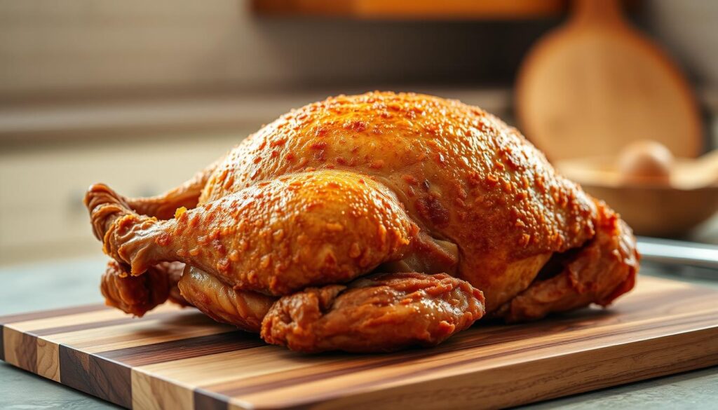 A deep-fried turkey resting on a wooden cutting board, its golden-brown crispy skin glistening in the warm, soft lighting. The bird is placed in the foreground, taking up a large portion of the frame, with a slight tilt to showcase its juicy, succulent interior. The background is blurred, hinting at a minimalist kitchen setting, allowing the star of the show to take center stage. The mood is one of culinary excellence and anticipation, as the viewer is invited to imagine the delicious flavors and aromas emanating from this perfectly cooked centerpiece. A deep-fried turkey resting on a wooden cutting board, its golden-brown crispy skin glistening in the warm, soft lighting. The bird is placed in the foreground, taking up a large portion of the frame, with a slight tilt to showcase its juicy, succulent interior. The background is blurred, hinting at a minimalist kitchen setting, allowing the star of the show to take center stage. The mood is one of culinary excellence and anticipation, as the viewer is invited to imagine the delicious flavors and aromas emanating from this perfectly cooked centerpiece.