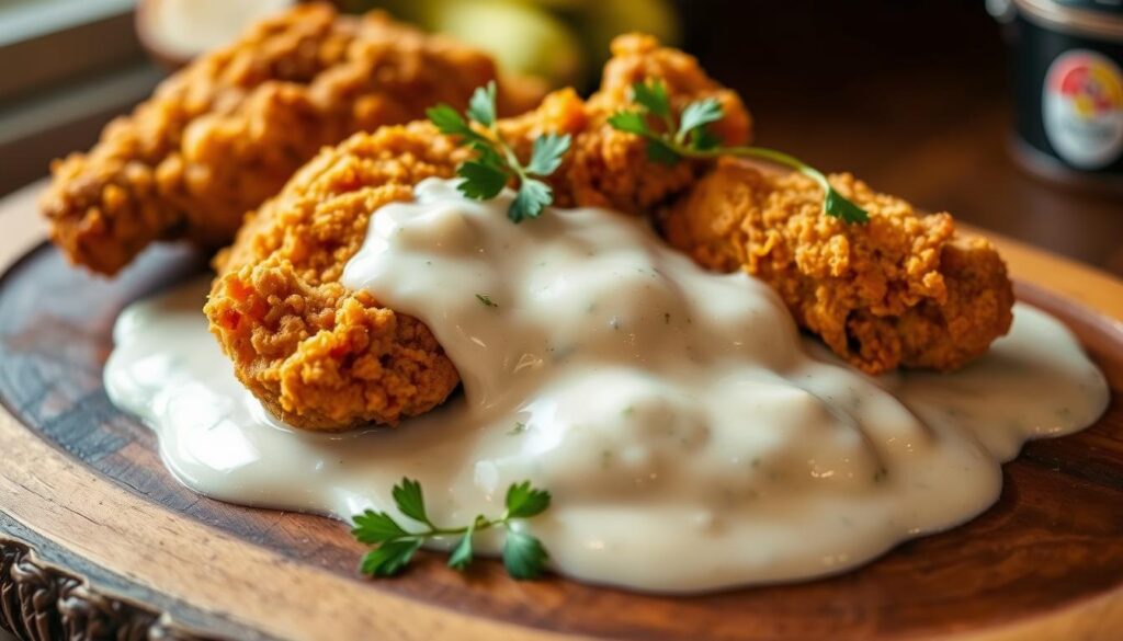 A delectable arrangement of crispy, golden-brown Maryland fried chicken, nestled atop a bed of fluffy white gravy, garnished with fresh parsley sprigs. The chicken is presented on a rustic wooden platter, its inviting aroma filling the air. Soft, warm lighting casts a comforting glow, highlighting the succulent meat and the velvety texture of the gravy. A sense of traditional Southern hospitality emanates from the scene, inviting the viewer to savor the familiar, homestyle flavors. The plating showcases the dish's hearty, satisfying nature, perfectly complementing the "Serving Suggestions for Maryland Fried Chicken" section of the article. A delectable arrangement of crispy, golden-brown Maryland fried chicken, nestled atop a bed of fluffy white gravy, garnished with fresh parsley sprigs. The chicken is presented on a rustic wooden platter, its inviting aroma filling the air. Soft, warm lighting casts a comforting glow, highlighting the succulent meat and the velvety texture of the gravy. A sense of traditional Southern hospitality emanates from the scene, inviting the viewer to savor the familiar, homestyle flavors. The plating showcases the dish's hearty, satisfying nature, perfectly complementing the "Serving Suggestions for Maryland Fried Chicken" section of the article.