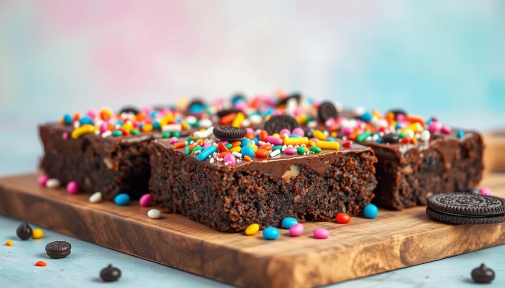 A delectable display of homemade cosmic brownies, adorned with an array of colorful candy toppings. The brownies, fresh from the oven, are showcased on a rustic wooden board, their fudgy texture and gooey chocolate sheen glistening under warm, directional lighting. Vibrant sprinkles, crushed Oreos, and shimmering edible glitter are artfully sprinkled across the surface, creating a mesmerizing cosmic-inspired arrangement. The background features a soft, blurred pastel gradient, allowing the decadent treats to take center stage. The overall composition evokes a sense of whimsical indulgence, inviting the viewer to imagine the delightful flavors and textures of these homemade cosmic brownies. A delectable display of homemade cosmic brownies, adorned with an array of colorful candy toppings. The brownies, fresh from the oven, are showcased on a rustic wooden board, their fudgy texture and gooey chocolate sheen glistening under warm, directional lighting. Vibrant sprinkles, crushed Oreos, and shimmering edible glitter are artfully sprinkled across the surface, creating a mesmerizing cosmic-inspired arrangement. The background features a soft, blurred pastel gradient, allowing the decadent treats to take center stage. The overall composition evokes a sense of whimsical indulgence, inviting the viewer to imagine the delightful flavors and textures of these homemade cosmic brownies.