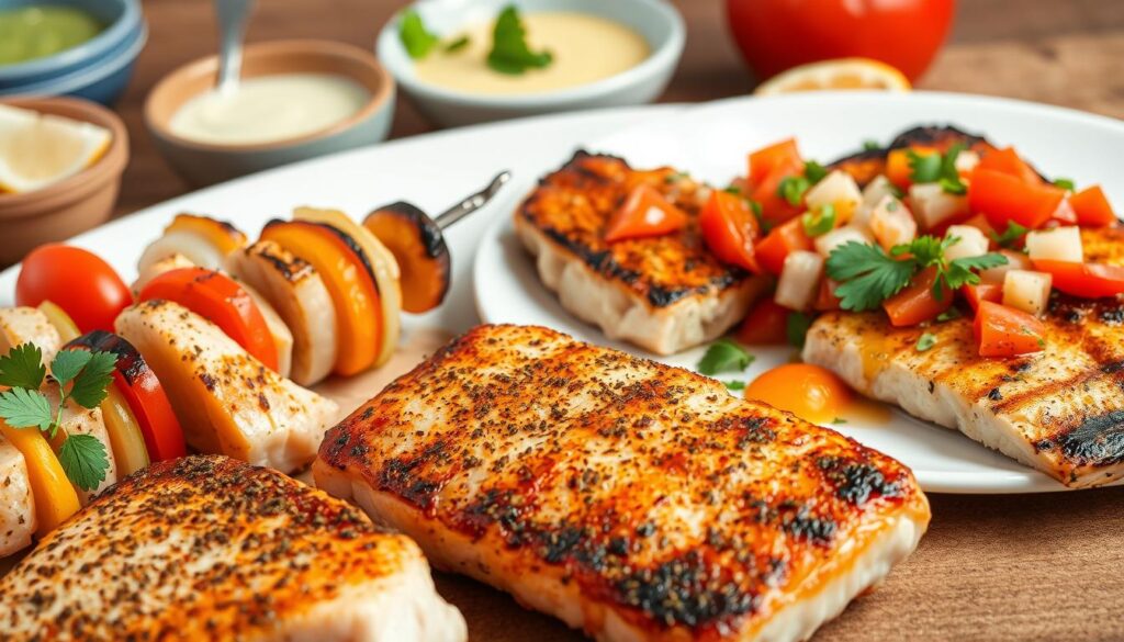 A delectable spread of swordfish recipe variations, featuring a vibrant array of seared, grilled, and pan-seared fillets. In the foreground, a succulent swordfish steak seasoned with a zesty lemon-herb crust, seared to a perfect golden-brown. Beside it, a skewered swordfish kebab, its tender chunks interspersed with colorful bell peppers and onions, grilled to smoky perfection. In the middle ground, a beautifully plated pan-seared swordfish fillet, topped with a vibrant salsa of diced tomatoes, onions, and fresh cilantro. The background showcases a variety of sauces and garnishes, including a rich, creamy beurre blanc and a sprinkle of chopped parsley, complementing the diverse swordfish preparations. Soft, even lighting highlights the dish's mouthwatering details, creating an appetizing and visually striking composition. A delectable spread of swordfish recipe variations, featuring a vibrant array of seared, grilled, and pan-seared fillets. In the foreground, a succulent swordfish steak seasoned with a zesty lemon-herb crust, seared to a perfect golden-brown. Beside it, a skewered swordfish kebab, its tender chunks interspersed with colorful bell peppers and onions, grilled to smoky perfection. In the middle ground, a beautifully plated pan-seared swordfish fillet, topped with a vibrant salsa of diced tomatoes, onions, and fresh cilantro. The background showcases a variety of sauces and garnishes, including a rich, creamy beurre blanc and a sprinkle of chopped parsley, complementing the diverse swordfish preparations. Soft, even lighting highlights the dish's mouthwatering details, creating an appetizing and visually striking composition.