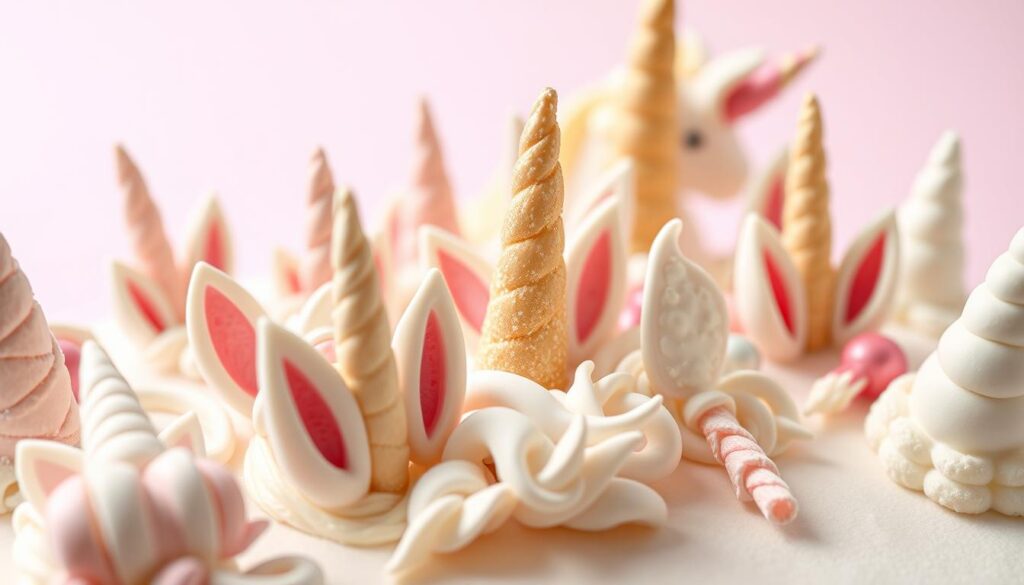 A detailed, close-up view of a variety of delicate unicorn cake topper techniques showcased on a clean, bright background. The foreground features an assortment of beautifully crafted unicorn horn shapes, manes, and other whimsical decorative elements made from fondant, gum paste, or modeling chocolate. The middle ground highlights the intricate texturing, shading, and coloring techniques used to achieve a realistic, magical unicorn aesthetic. The lighting is soft and even, with a slight studio-like quality that enhances the dimensional details. The overall mood is one of enchantment, creativity, and celebration, perfectly suited for a visually captivating unicorn cake topper tutorial. A detailed, close-up view of a variety of delicate unicorn cake topper techniques showcased on a clean, bright background. The foreground features an assortment of beautifully crafted unicorn horn shapes, manes, and other whimsical decorative elements made from fondant, gum paste, or modeling chocolate. The middle ground highlights the intricate texturing, shading, and coloring techniques used to achieve a realistic, magical unicorn aesthetic. The lighting is soft and even, with a slight studio-like quality that enhances the dimensional details. The overall mood is one of enchantment, creativity, and celebration, perfectly suited for a visually captivating unicorn cake topper tutorial.