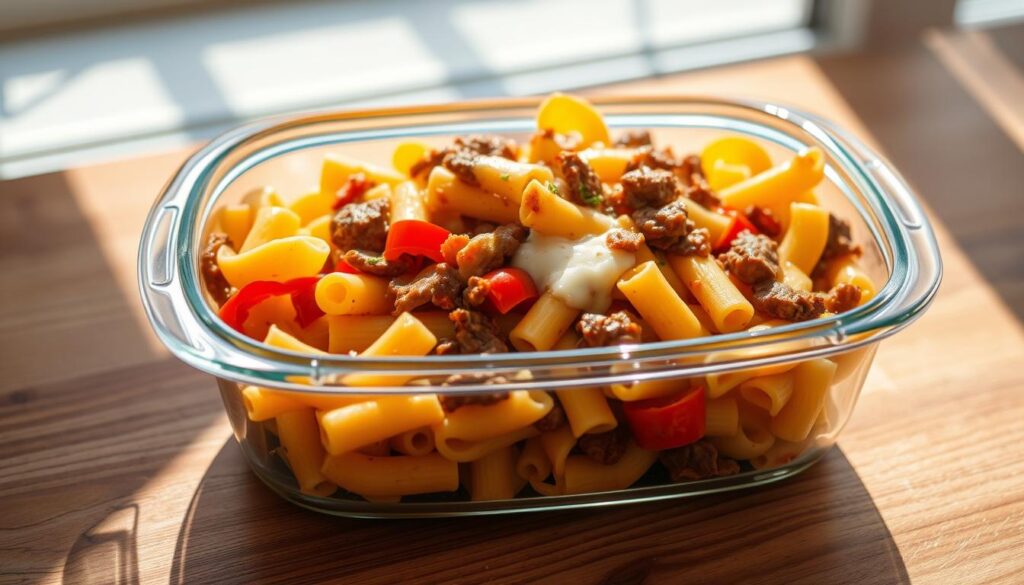 A glass food storage container filled with leftover Philly cheesesteak pasta. The pasta is nestled among tender beef slices, sautéed peppers, and melted cheese, creating a mouthwatering fusion dish. The container is placed on a wooden surface, casting soft shadows and illuminated by natural light filtering through a window. The overall scene conveys a sense of cozy domesticity, inviting the viewer to imagine reheating and enjoying the flavorful leftovers later. A glass food storage container filled with leftover Philly cheesesteak pasta. The pasta is nestled among tender beef slices, sautéed peppers, and melted cheese, creating a mouthwatering fusion dish. The container is placed on a wooden surface, casting soft shadows and illuminated by natural light filtering through a window. The overall scene conveys a sense of cozy domesticity, inviting the viewer to imagine reheating and enjoying the flavorful leftovers later.