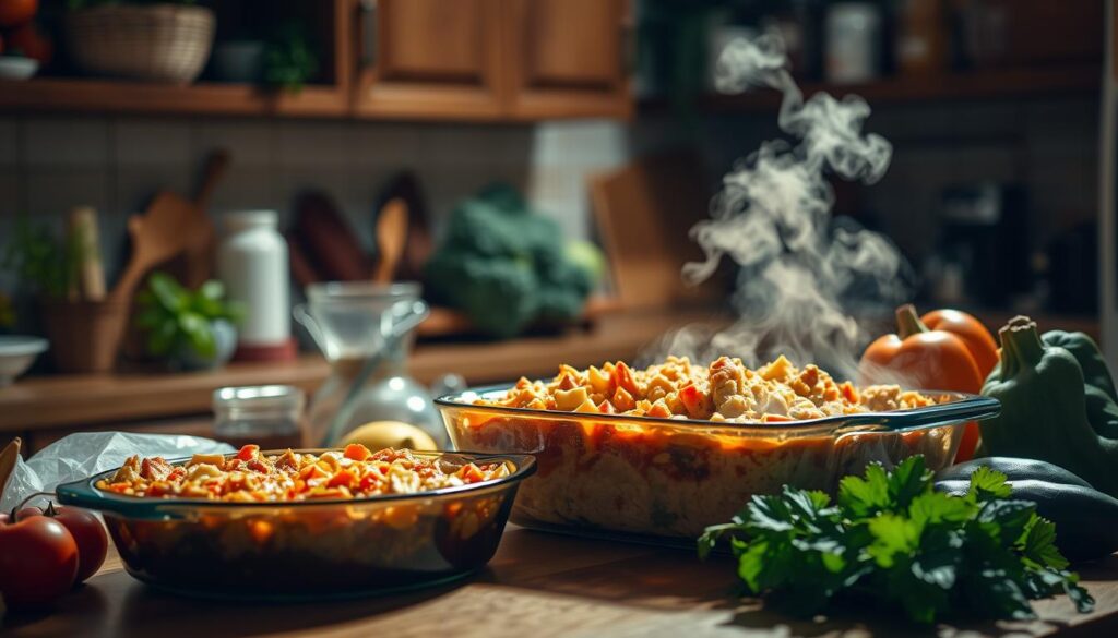A homely kitchen scene, bathed in warm, soft lighting. On the counter, a variety of budget-friendly ingredients - fresh vegetables, inexpensive cuts of meat, and simple pantry staples. In the foreground, a family-style casserole dish, steam gently rising, ready to be served. The atmosphere is cozy and inviting, evoking the comforting flavors of a beloved grandma's recipe. The composition is balanced, with the main dish taking center stage, surrounded by the supporting ingredients. The lighting is subtle, creating depth and dimension, highlighting the textures and colors of the food. An image that celebrates the joys of simple, affordable, and nourishing home-cooked meals. A homely grandma's recipes, bathed in warm, soft lighting. On the counter, a variety of budget-friendly ingredients - fresh vegetables, inexpensive cuts of meat, and simple pantry staples. In the foreground, a family-style casserole dish, steam gently rising, ready to be served. The atmosphere is cozy and inviting, evoking the comforting flavors of a beloved grandma's recipe. The composition is balanced, with the main dish taking center stage, surrounded by the supporting ingredients. The lighting is subtle, creating depth and dimension, highlighting the textures and colors of the food. An image that celebrates the joys of simple, affordable, and nourishing home-cooked meals.