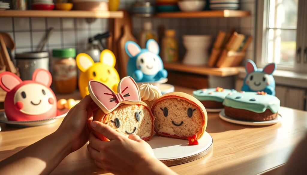 A kitchen counter covered in baking supplies, with an array of colorful, fondant-covered cakes resembling the beloved Max and Ruby characters. In the foreground, a baker's hands carefully assemble two halves of a round cake, joining them with a swirl of buttercream frosting. Gentle natural lighting casts a warm glow, highlighting the intricate details of the cakes' features - Ruby's bow, Max's ears, and their vibrant expressions. The mise-en-scène evokes a sense of playful creativity, inviting the viewer to imagine the joyful process of crafting a delightful Max and Ruby cake for a special occasion. A kitchen counter covered in baking supplies, with an array of colorful, fondant-covered cakes resembling the beloved Max and Ruby characters. In the foreground, a baker's hands carefully assemble two halves of a round cake, joining them with a swirl of buttercream frosting. Gentle natural lighting casts a warm glow, highlighting the intricate details of the cakes' features - Ruby's bow, Max's ears, and their vibrant expressions. The mise-en-scène evokes a sense of playful creativity, inviting the viewer to imagine the joyful process of crafting a delightful Max and Ruby cake for a special occasion.