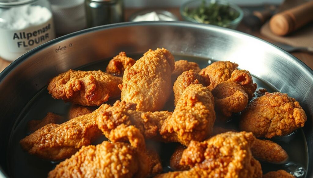 A large stainless steel pot filled with golden-brown fried chicken pieces, sizzling in hot oil under bright studio lighting. Close-up view from above, capturing the crispy, craggy texture of the perfectly cooked skin. In the background, a collection of traditional frying tools and seasonings - a wire mesh skimmer, a jar of all-purpose flour, and sprigs of fresh thyme. The scene conveys the essence of time-honored Southern fried chicken preparation, with an emphasis on avoiding common pitfalls like overcrowding the pan or using the wrong oil temperature. A large stainless steel pot filled with golden-brown fried chicken pieces, sizzling in hot oil under bright studio lighting. Close-up view from above, capturing the crispy, craggy texture of the perfectly cooked skin. In the background, a collection of traditional frying tools and seasonings - a wire mesh skimmer, a jar of all-purpose flour, and sprigs of fresh thyme. The scene conveys the essence of time-honored Southern fried chicken preparation, with an emphasis on avoiding common pitfalls like overcrowding the pan or using the wrong oil temperature.