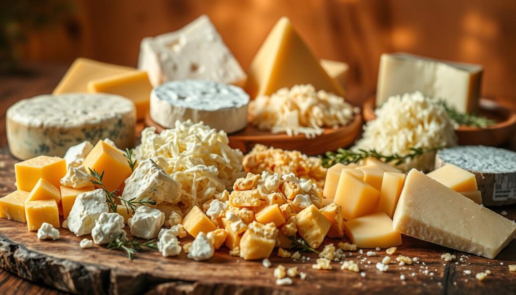 A meticulously lit tabletop scene showcasing an assortment of premium cheese varieties, each with its distinct texture and flavor profile, arranged in a visually appealing manner. In the foreground, cubes of sharp cheddar, crumbles of feta, and slices of creamy brie are elegantly displayed on a rustic wooden board, complemented by sprigs of fresh thyme. In the middle ground, wedges of tangy gouda, shredded mozzarella, and grated parmesan are neatly organized, inviting the viewer to imagine their melty goodness in a comforting casserole. The background features a soft, warm-toned lighting that casts a gentle glow, creating an atmosphere of culinary artistry and mouthwatering anticipation. A meticulously lit tabletop scene showcasing an assortment of premium cheese varieties, each with its distinct texture and flavor profile, arranged in a visually appealing manner. In the foreground, cubes of sharp cheddar, crumbles of feta, and slices of creamy brie are elegantly displayed on a rustic wooden board, complemented by sprigs of fresh thyme. In the middle ground, wedges of tangy gouda, shredded mozzarella, and grated parmesan are neatly organized, inviting the viewer to imagine their melty goodness in a comforting casserole. The background features a soft, warm-toned lighting that casts a gentle glow, creating an atmosphere of culinary artistry and mouthwatering anticipation.