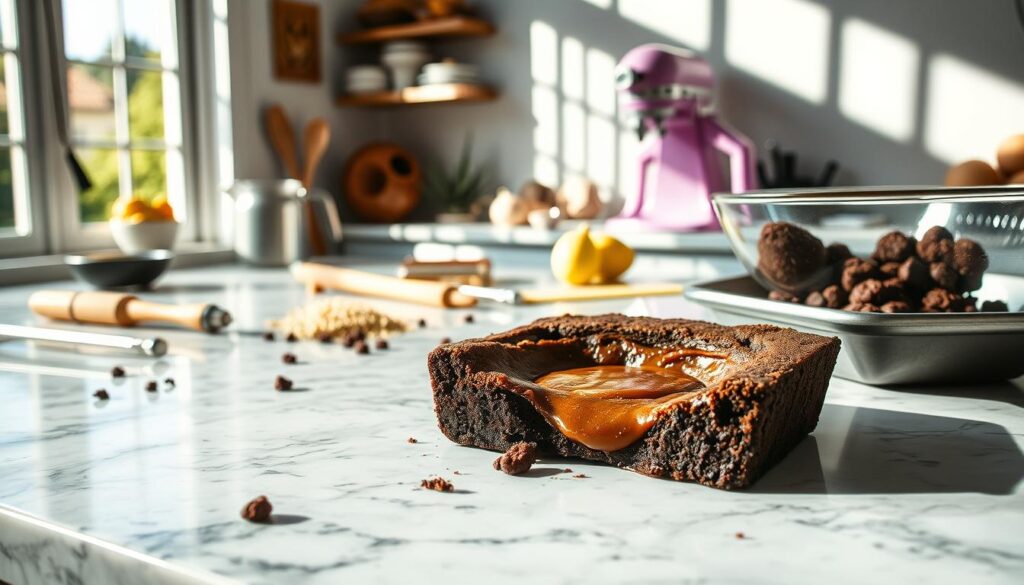 A meticulously styled scene of a protein brownie baking mishap. In the foreground, a freshly baked brownie with a sunken, gooey center sits on a marble countertop, surrounded by cooking tools and ingredients. Overhead, natural light streams in through large windows, casting dramatic shadows. In the background, an assortment of baking supplies and a mixing bowl with remnants of the batter provide context. The overall mood is one of problem-solving, with a hint of culinary experimentation gone slightly awry. The image conveys the technical challenges of achieving the perfect protein brownie texture, while remaining visually appealing and appetizing. A meticulously styled scene of a protein brownie baking mishap. In the foreground, a freshly baked brownie with a sunken, gooey center sits on a marble countertop, surrounded by cooking tools and ingredients. Overhead, natural light streams in through large windows, casting dramatic shadows. In the background, an assortment of baking supplies and a mixing bowl with remnants of the batter provide context. The overall mood is one of problem-solving, with a hint of culinary experimentation gone slightly awry. The image conveys the technical challenges of achieving the perfect protein brownie texture, while remaining visually appealing and appetizing.