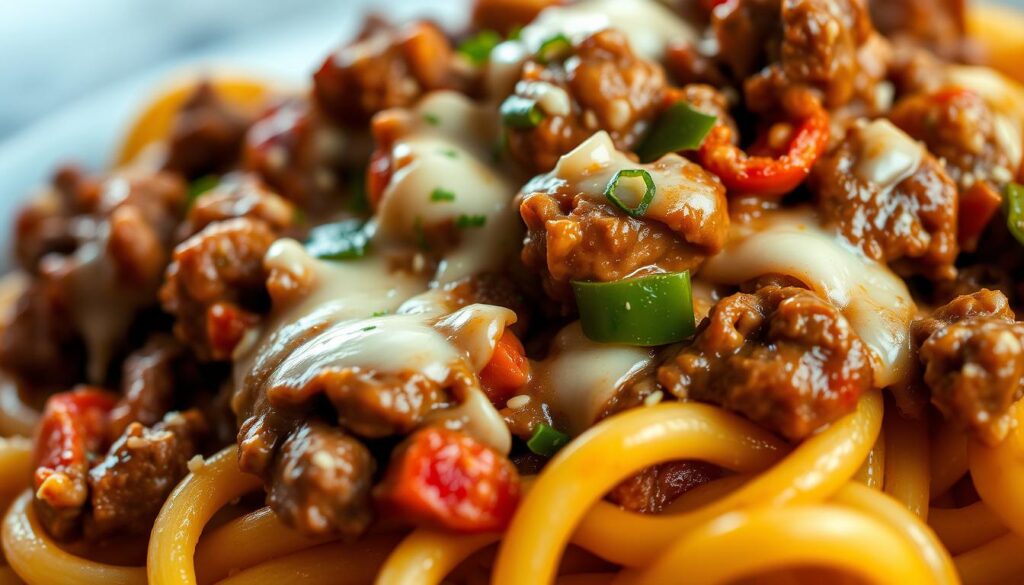 A mouthwatering close-up of a hearty Philly cheesesteak pasta dish, featuring tender beef, sautéed peppers, and a gooey melted cheese topping. The pasta is perfectly al dente, coated in a rich, savory sauce. The composition showcases the dish's vibrant colors and textures, creating an inviting and appetizing scene captured in natural lighting with a shallow depth of field, drawing the viewer's eye to the delectable details. The overall mood is one of comfort and indulgence, enticing the senses and inspiring culinary creativity. A mouthwatering close-up of a hearty Philly cheesesteak pasta dish, featuring tender beef, sautéed peppers, and a gooey melted cheese topping. The pasta is perfectly al dente, coated in a rich, savory sauce. The composition showcases the dish's vibrant colors and textures, creating an inviting and appetizing scene captured in natural lighting with a shallow depth of field, drawing the viewer's eye to the delectable details. The overall mood is one of comfort and indulgence, enticing the senses and inspiring culinary creativity.