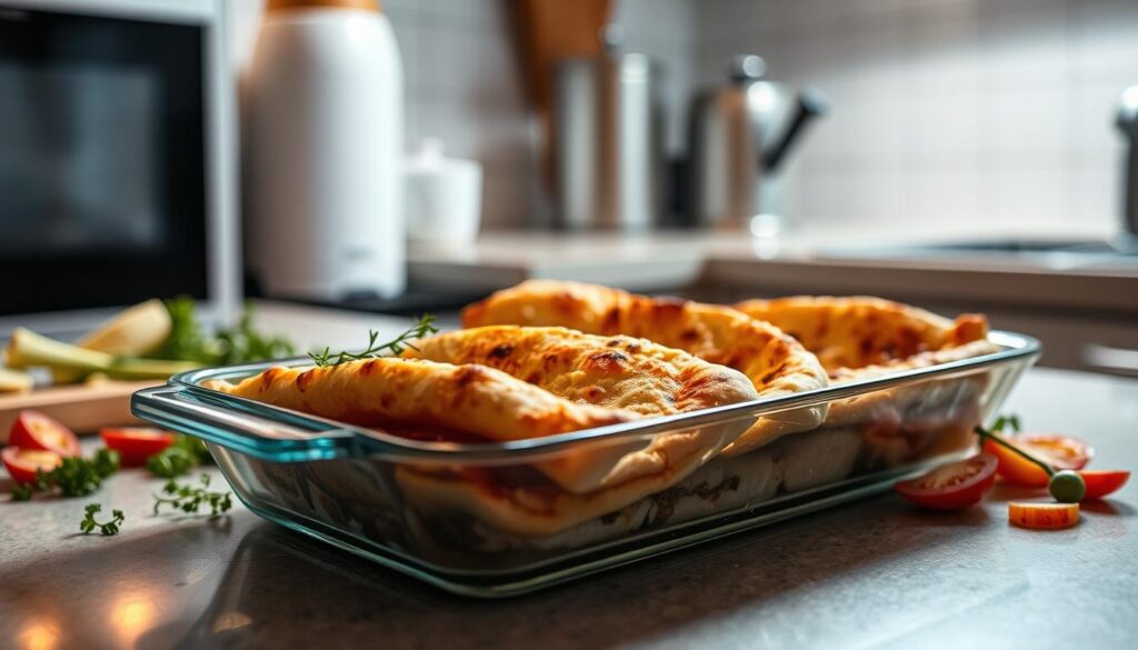 A neatly arranged kitchen counter with a rectangular glass dish, holding leftover slices of crisp, golden-brown lavash pizza. The pizza is surrounded by a few stray herbs and sliced vegetables, suggesting the recent preparation of a delicious meal. Soft, warm lighting from overhead illuminates the scene, casting gentle shadows and highlighting the texture of the pizza crust. The dish is positioned in the foreground, with a blurred background of kitchen appliances and utensils, creating a sense of focus and attention on the leftovers. The overall mood is one of cozy, home-cooked comfort, inviting the viewer to imagine enjoying the remaining slices later. A neatly arranged kitchen counter with a rectangular glass dish, holding leftover slices of crisp, golden-brown lavash pizza. The pizza is surrounded by a few stray herbs and sliced vegetables, suggesting the recent preparation of a delicious meal. Soft, warm lighting from overhead illuminates the scene, casting gentle shadows and highlighting the texture of the pizza crust. The dish is positioned in the foreground, with a blurred background of kitchen appliances and utensils, creating a sense of focus and attention on the leftovers. The overall mood is one of cozy, home-cooked comfort, inviting the viewer to imagine enjoying the remaining slices later.
