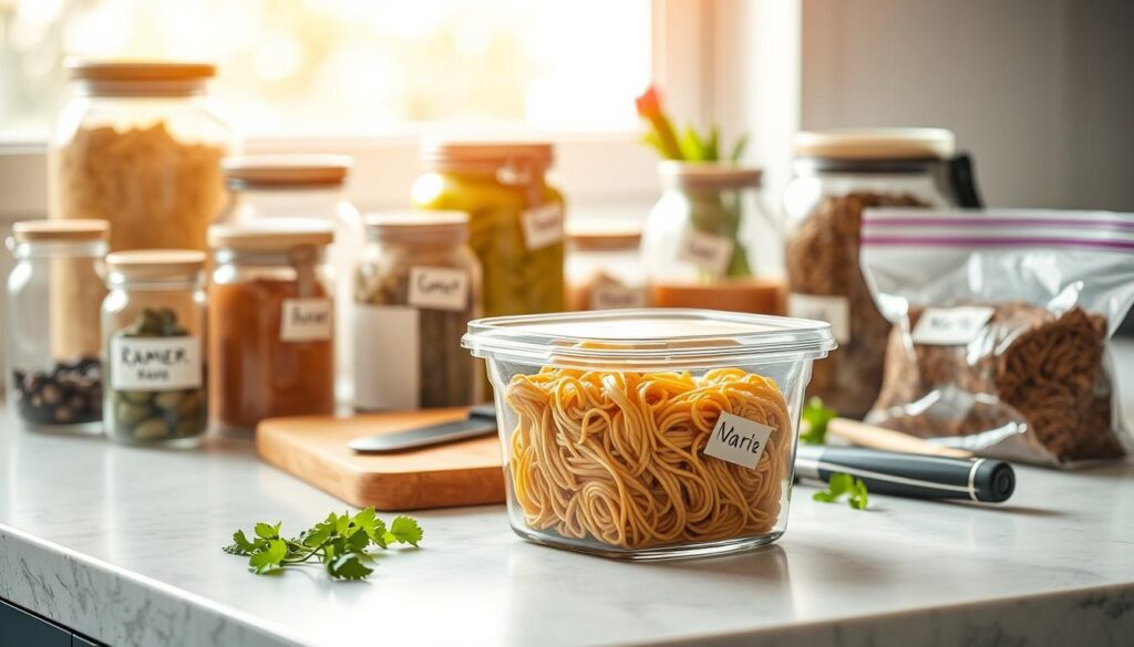 A neatly organized kitchen counter, bathed in warm, natural lighting. In the foreground, a glass storage container filled with cooked ramen noodles, its contents visible through the clear sides. Surrounding the container, a collection of airtight jars and sealable bags, each labeled with handwritten notes indicating the contents and date. In the middle ground, a cutting board with a chef's knife and a few fresh herbs, hinting at the possibility of a quick ramen dish. The background softly blurs, emphasizing the carefully curated storage solutions, designed to preserve the ramen noodles' freshness and flavor.