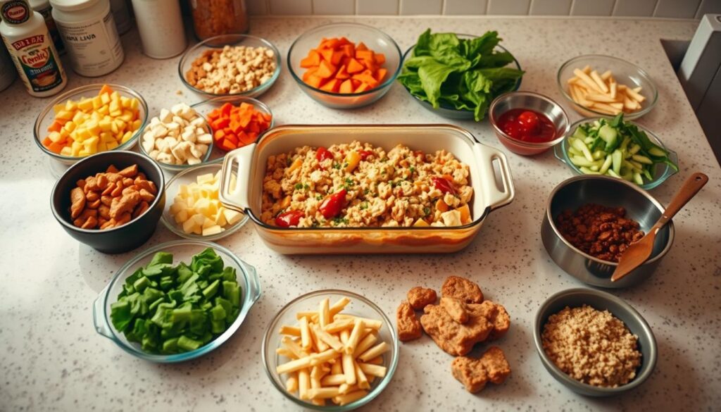 A neatly organized kitchen counter with various pre-prepared ingredients laid out, including diced vegetables, cooked protein, and pre-portioned sauces or toppings. A large casserole dish sits in the center, its contents ready to be assembled. Warm, soft lighting casts a homey glow, highlighting the effortless prep process. The scene conveys a sense of efficiency and meal planning, encouraging the viewer to envision the ease of creating a delicious, hearty casserole with minimal fuss. The overall composition emphasizes the simplicity and convenience of 5-ingredient casserole recipes for efficient meal prep. A neatly organized kitchen counter with various pre-prepared ingredients laid out, including diced vegetables, cooked protein, and pre-portioned sauces or toppings. A large casserole dish sits in the center, its contents ready to be assembled. Warm, soft lighting casts a homey glow, highlighting the effortless prep process. The scene conveys a sense of efficiency and meal planning, encouraging the viewer to envision the ease of creating a delicious, hearty casserole with minimal fuss. The overall composition emphasizes the simplicity and convenience of 5-ingredient casserole recipes for efficient meal prep.