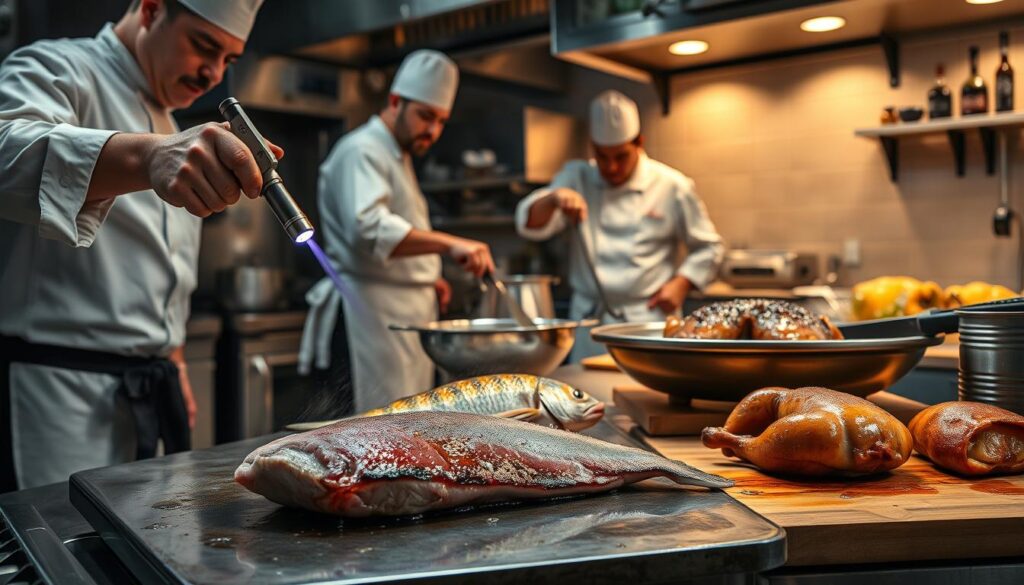 A professional chef's kitchen showcasing the unique cooking techniques for sharks, fish, and chicken. In the foreground, a chef expertly sears a succulent shark steak with a blowtorch, sizzling and caramelizing the exterior. In the middle ground, another chef delicately poaches a whole fish, the water gently rippling around the tender flesh. In the background, a third chef diligently bastes a juicy chicken, the skin glistening under warm, golden lighting. Stainless steel appliances, sharp knives, and well-used cutting boards create an atmosphere of skilled culinary mastery. The scene conveys the passion, precision, and artistry involved in crafting these distinctive dishes. A professional chef's kitchen showcasing the unique cooking techniques for sharks, fish, and chicken. In the foreground, a chef expertly sears a succulent shark steak with a blowtorch, sizzling and caramelizing the exterior. In the middle ground, another chef delicately poaches a whole fish, the water gently rippling around the tender flesh. In the background, a third chef diligently bastes a juicy chicken, the skin glistening under warm, golden lighting. Stainless steel appliances, sharp knives, and well-used cutting boards create an atmosphere of skilled culinary mastery. The scene conveys the passion, precision, and artistry involved in crafting these distinctive dishes.