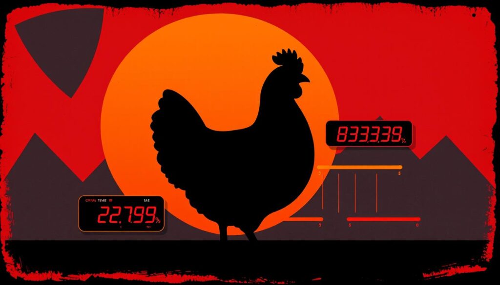 A retro-inspired digital illustration depicting a hip hop-inspired chicken cooking temperature guide. The foreground features a stylized chicken silhouette set against a bold, vibrant background with gradient elements and abstract geometric shapes in a color palette of deep reds, oranges, and blues. The middle ground showcases temperature ranges shown as digital displays or gauges, with the optimal cooking temperature range highlighted. The background layer includes a subtle distressed texture, creating a vintage, urban vibe. The overall composition conveys a sense of modern, edgy cool while clearly communicating the cooking temperature information. A retro-inspired digital illustration depicting a hip hop-inspired chicken cooking temperature guide. The foreground features a stylized chicken silhouette set against a bold, vibrant background with gradient elements and abstract geometric shapes in a color palette of deep reds, oranges, and blues. The middle ground showcases temperature ranges shown as digital displays or gauges, with the optimal cooking temperature range highlighted. The background layer includes a subtle distressed texture, creating a vintage, urban vibe. The overall composition conveys a sense of modern, edgy cool while clearly communicating the cooking temperature information.