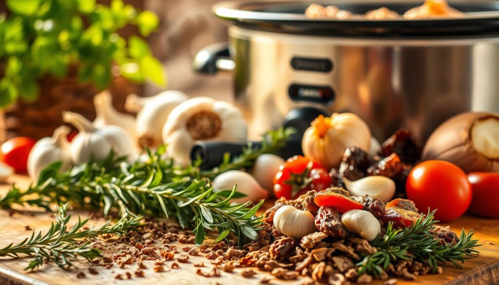 A rustic Italian-style crockpot scene, bathed in warm golden light, showcasing a variety of aromatic spices, herbs, and flavor enhancers. In the foreground, a mix of dried oregano, basil, and rosemary sprigs tumble across a wooden cutting board, while in the middle ground, garlic cloves, sliced onions, and sun-dried tomatoes are arranged in a glazed ceramic bowl. The background features a slow cooker with a hearty chicken stew simmering within, its steam gently rising, infusing the air with the inviting scents of Italian cuisine. The overall mood is one of cozy, homemade comfort and depth of flavor. A rustic Italian-style crockpot scene, bathed in warm golden light, showcasing a variety of aromatic spices, herbs, and flavor enhancers. In the foreground, a mix of dried oregano, basil, and rosemary sprigs tumble across a wooden cutting board, while in the middle ground, garlic cloves, sliced onions, and sun-dried tomatoes are arranged in a glazed ceramic bowl. The background features a slow cooker with a hearty chicken stew simmering within, its steam gently rising, infusing the air with the inviting scents of Italian cuisine. The overall mood is one of cozy, homemade comfort and depth of flavor.