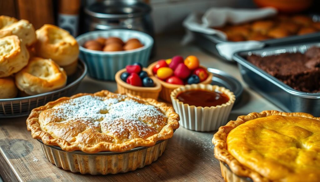 A rustic kitchen counter showcases a tempting array of homemade budget-friendly desserts. In the foreground, a freshly baked apple pie with a golden crust sits alongside a platter of fluffy, golden-brown biscuits dusted with powdered sugar. In the middle ground, a colorful fruit tart with a flaky pastry shell and vibrant berries takes center stage, while a simple yet decadent chocolate pudding cup rests nearby. The background features a mix of classic comfort foods, like warm bread pudding and a pan of gooey homemade fudge brownies. The scene is bathed in warm, soft lighting, creating a cozy and inviting atmosphere that evokes the spirit of grandma's kitchen and the joy of satisfying sweet treats on a budget. A rustic kitchen counter showcases a tempting array of homemade budget-friendly desserts. In the foreground, a freshly baked apple pie with a golden crust sits alongside a platter of fluffy, golden-brown biscuits dusted with powdered sugar. In the middle ground, a colorful fruit tart with a flaky pastry shell and vibrant berries takes center stage, while a simple yet decadent chocolate pudding cup rests nearby. The background features a mix of classic comfort foods, like warm bread pudding and a pan of gooey homemade fudge brownies. The scene is bathed in warm, soft lighting, creating a cozy and inviting atmosphere that evokes the spirit of grandma's kitchen and the joy of satisfying sweet treats on a budget.