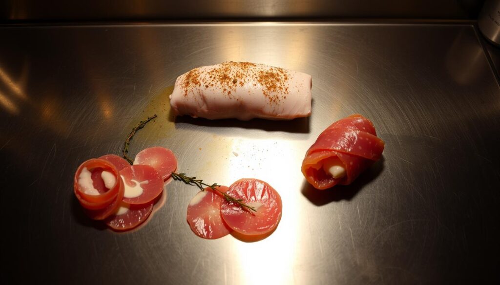 A stainless steel work surface, dimly lit from above by warm, soft lighting. In the center, a pristine pork tenderloin, seasoned with herbs and spices, rests patiently. Nearby, delicate slices of prosciutto stand ready to be carefully wrapped around the tender meat. The scene is one of focused preparation, with all the necessary components arranged in an orderly fashion, waiting to be assembled into a visually stunning and mouthwatering dish. The composition emphasizes the artistry and technique involved in creating this elegant culinary masterpiece. A stainless steel work surface, dimly lit from above by warm, soft lighting. In the center, a pristine pork tenderloin, seasoned with herbs and spices, rests patiently. Nearby, delicate slices of prosciutto stand ready to be carefully wrapped around the tender meat. The scene is one of focused preparation, with all the necessary components arranged in an orderly fashion, waiting to be assembled into a visually stunning and mouthwatering dish. The composition emphasizes the artistry and technique involved in creating this elegant culinary masterpiece.