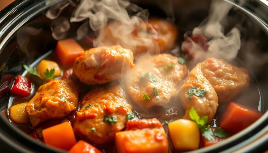 A steaming bowl of tender, juicy Crockpot Italian Chicken, steam gently rising, surrounded by vibrant vegetables and herbs. The chicken glistens with a rich, aromatic sauce, inviting the viewer to experience its mouthwatering flavors. Warm lighting casts a cozy glow, highlighting the dish's comforting appeal. The camera angle is slightly elevated, capturing the bowl's contents in an appetizing close-up. The overall scene exudes a homey, inviting atmosphere, perfectly reflecting the "Reheating Tips for Maximum Flavor" section of the article. A steaming bowl of tender, juicy Crockpot Italian Chicken, steam gently rising, surrounded by vibrant vegetables and herbs. The chicken glistens with a rich, aromatic sauce, inviting the viewer to experience its mouthwatering flavors. Warm lighting casts a cozy glow, highlighting the dish's comforting appeal. The camera angle is slightly elevated, capturing the bowl's contents in an appetizing close-up. The overall scene exudes a homey, inviting atmosphere, perfectly reflecting the "Reheating Tips for Maximum Flavor" section of the article.