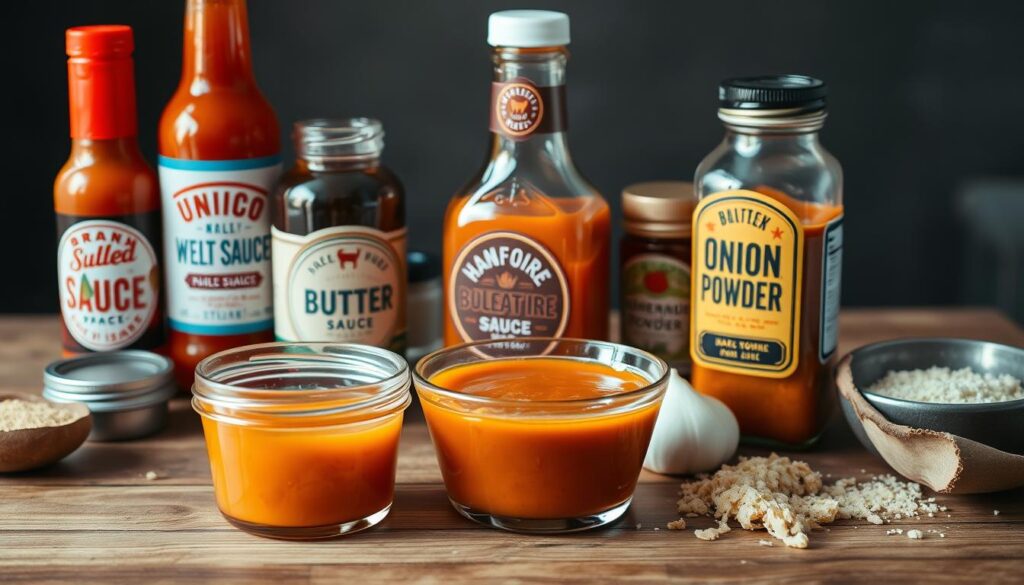 A table top with jars and bottles of homemade buffalo sauce ingredients, including hot sauce, melted butter, Worcestershire sauce, garlic powder, onion powder, and a small bowl of prepared sauce. The items are arranged in a natural, rustic composition with soft, warm lighting from the side illuminating the textures and colors. The background is slightly blurred, keeping the focus on the flavorful ingredients needed to create the perfect homemade buffalo sauce. A table top with jars and bottles of homemade buffalo sauce ingredients, including hot sauce, melted butter, Worcestershire sauce, garlic powder, onion powder, and a small bowl of prepared sauce. The items are arranged in a natural, rustic composition with soft, warm lighting from the side illuminating the textures and colors. The background is slightly blurred, keeping the focus on the flavorful ingredients needed to create the perfect homemade buffalo sauce.