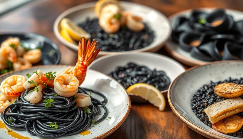 A vibrant and appetizing close-up of various squid ink pasta dishes, expertly plated and styled. In the foreground, a delicate plate of black spaghetti with fresh seafood such as shrimp, scallops, and calamari, garnished with a drizzle of olive oil and micro-greens. In the middle ground, a bowl of rich and creamy squid ink risotto, its deep inky hue contrasting beautifully with the seared white fish and lemon wedges. In the background, a visually stunning arrangement of squid ink ravioli, the pasta sheets glistening, filled with a luxurious seafood mousse. Warm, diffused lighting casts a mouthwatering glow over the scene, creating an elegant and sophisticated culinary display. A vibrant and appetizing close-up of various squid ink pasta dishes, expertly plated and styled. In the foreground, a delicate plate of black spaghetti with fresh seafood such as shrimp, scallops, and calamari, garnished with a drizzle of olive oil and micro-greens. In the middle ground, a bowl of rich and creamy squid ink risotto, its deep inky hue contrasting beautifully with the seared white fish and lemon wedges. In the background, a visually stunning arrangement of squid ink ravioli, the pasta sheets glistening, filled with a luxurious seafood mousse. Warm, diffused lighting casts a mouthwatering glow over the scene, creating an elegant and sophisticated culinary display.