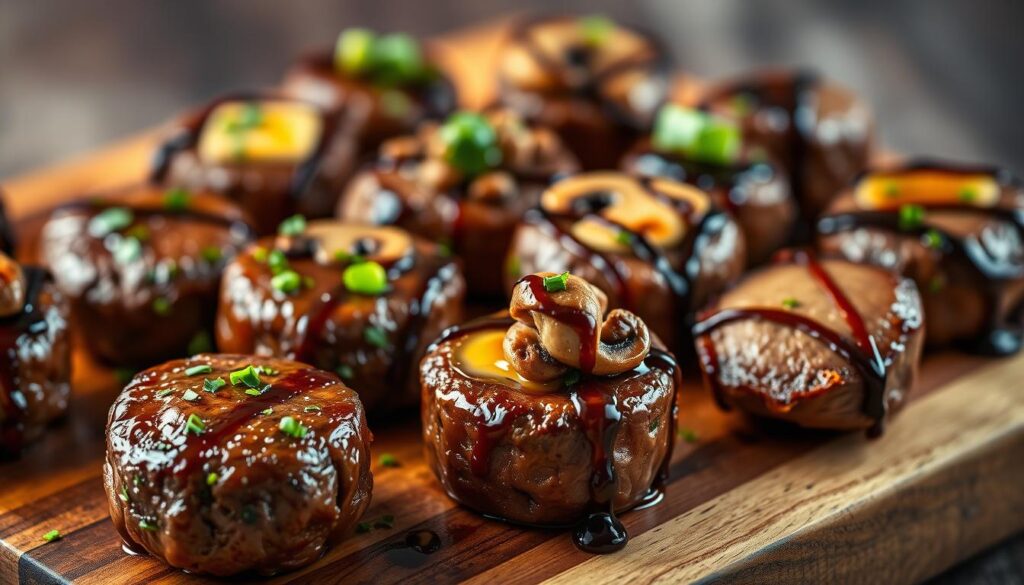 A vibrant close-up scene of various steak bites, their surfaces glistening with a rich garlic butter glaze. The bites are arranged artfully on a wooden board, each one a unique and tempting flavor variation - some coated in zesty herb butter, others with a savory mushroom and onion topping, and a few drizzled in a tantalizing balsamic reduction. Soft, diffused lighting illuminates the tender meat, casting a warm, inviting glow. The composition is framed with a shallow depth of field, keeping the steak bites in sharp focus while the background gently fades into a blurred, neutral tone. This visually enticing display showcases the diverse possibilities for jazzing up a simple steak bites recipe. A vibrant close-up scene of various steak bites, their surfaces glistening with a rich garlic butter glaze. The bites are arranged artfully on a wooden board, each one a unique and tempting flavor variation - some coated in zesty herb butter, others with a savory mushroom and onion topping, and a few drizzled in a tantalizing balsamic reduction. Soft, diffused lighting illuminates the tender meat, casting a warm, inviting glow. The composition is framed with a shallow depth of field, keeping the steak bites in sharp focus while the background gently fades into a blurred, neutral tone. This visually enticing display showcases the diverse possibilities for jazzing up a simple steak bites recipe.