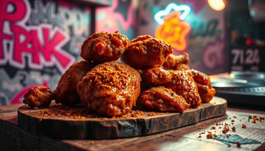 A vibrant, high-contrast image of a juicy, crispy-skinned chicken dish, seasoned with a bold, flavorful hip hop-inspired spice blend. The chicken is presented on a rustic wooden surface, with a background of urban graffiti-covered walls, neon lights, and a hint of a DJ turntable in the distance, capturing the dynamic energy of the hip hop culture. The lighting is dramatic, with a mix of warm and cool tones, creating a striking, almost cinematic feel. The camera angle is slightly elevated, giving the viewer a sense of anticipation and excitement for the delicious, flavor-packed meal. A vibrant, high-contrast image of a juicy, crispy-skinned chicken dish, seasoned with a bold, flavorful hip hop-inspired spice blend. The chicken is presented on a rustic wooden surface, with a background of urban graffiti-covered walls, neon lights, and a hint of a DJ turntable in the distance, capturing the dynamic energy of the hip hop culture. The lighting is dramatic, with a mix of warm and cool tones, creating a striking, almost cinematic feel. The camera angle is slightly elevated, giving the viewer a sense of anticipation and excitement for the delicious, flavor-packed meal.