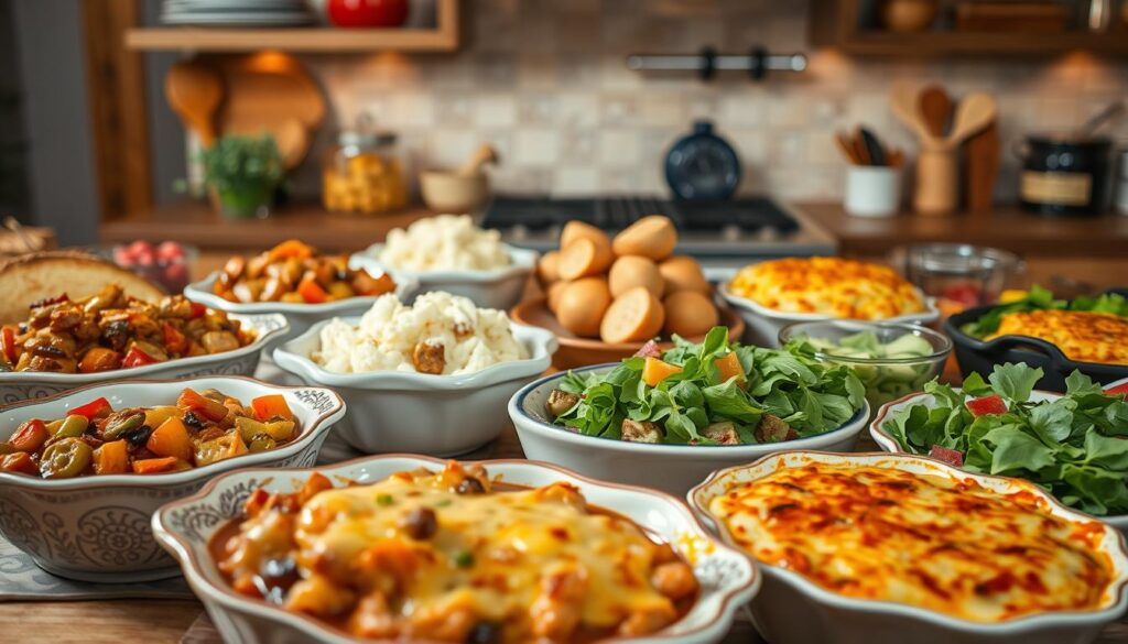 A vibrant, rustic scene showcasing a variety of hearty and comforting casserole pairings. In the foreground, a selection of fresh, seasonal ingredients like roasted vegetables, savory meats, and creamy sauces spill out from ornate ceramic baking dishes. The middle ground features neatly arranged side dishes like fluffy mashed potatoes, buttery garlic bread, and crisp green salads, all complementing the main casserole courses. The background depicts a cozy, farmhouse-inspired kitchen setting with warm lighting, natural wood accents, and a vintage-inspired tile backsplash. The overall mood is one of wholesome, homemade goodness and effortless culinary delight. A vibrant, rustic scene showcasing a variety of hearty and comforting casserole pairings. In the foreground, a selection of fresh, seasonal ingredients like roasted vegetables, savory meats, and creamy sauces spill out from ornate ceramic baking dishes. The middle ground features neatly arranged side dishes like fluffy mashed potatoes, buttery garlic bread, and crisp green salads, all complementing the main casserole courses. The background depicts a cozy, farmhouse-inspired kitchen setting with warm lighting, natural wood accents, and a vintage-inspired tile backsplash. The overall mood is one of wholesome, homemade goodness and effortless culinary delight.
