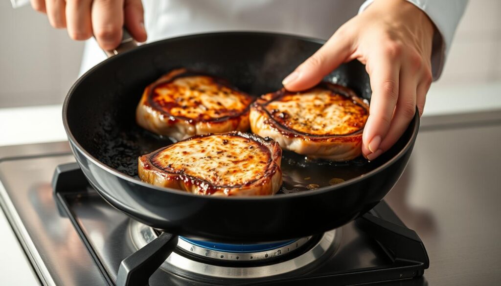 A well-lit, close-up view of a chef's hands pan-frying succulent pork chops on a gleaming stovetop. The chops sizzle and brown, releasing delicious aromas. Beads of oil pop and crackle as the meat cooks to a perfect golden-brown crust. The pan is tilted to reveal the chops' juicy, tender interior. Soft shadows and highlights accentuate the textural details. A minimalist background keeps the focus on the crucial cooking technique, highlighting common mistakes to avoid for moist, flavorful pan-fried pork chops. A well-lit, close-up view of a chef's hands pan-frying succulent pork chops on a gleaming stovetop. The chops sizzle and brown, releasing delicious aromas. Beads of oil pop and crackle as the meat cooks to a perfect golden-brown crust. The pan is tilted to reveal the chops' juicy, tender interior. Soft shadows and highlights accentuate the textural details. A minimalist background keeps the focus on the crucial cooking technique, highlighting common mistakes to avoid for moist, flavorful pan-fried pork chops.